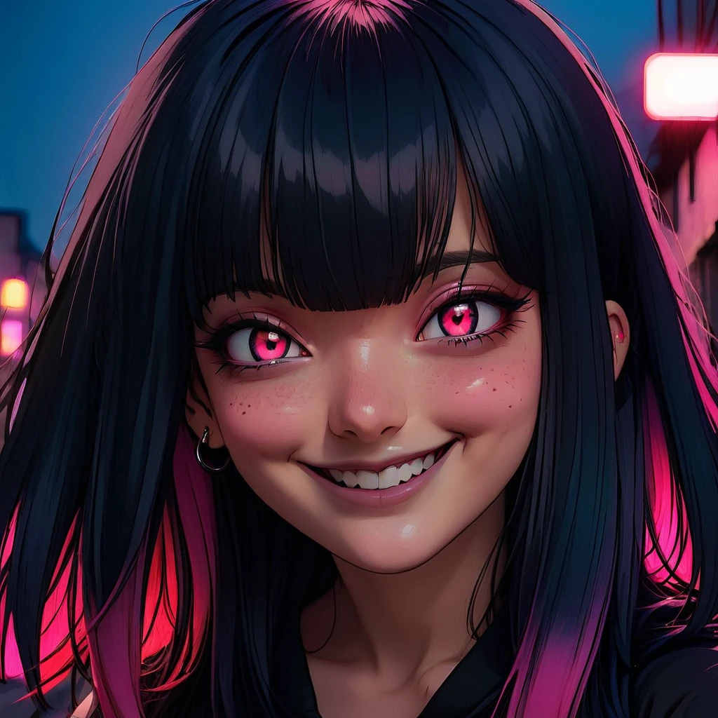 LowKeyLights,
1girl,solo,long hair,looking at viewer,blush,smile,bangs,black hair,red eyes,pink hair,multicolored hair,parted lips,fang,blunt bangs,two-tone hair,glowing,piercing,slit pupils,ear piercing,portrait,glowing eyes,colored inner hair
 <lora:low_key_lights_XL:0.8>