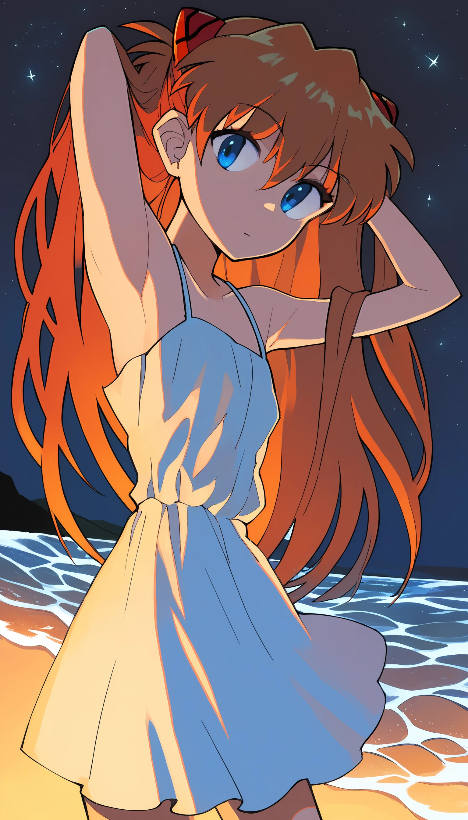 <lora:lakilolomPDXL:1>,1girl,souryuu asuka langley,neon genesis evangelion,looking at viewer,fantasy,outdoors,night,star \(sky\),red hair,blue eyes,armpits,looking at viewer,beach,yellow sundress,, score_9, score_8_up, score_7_up