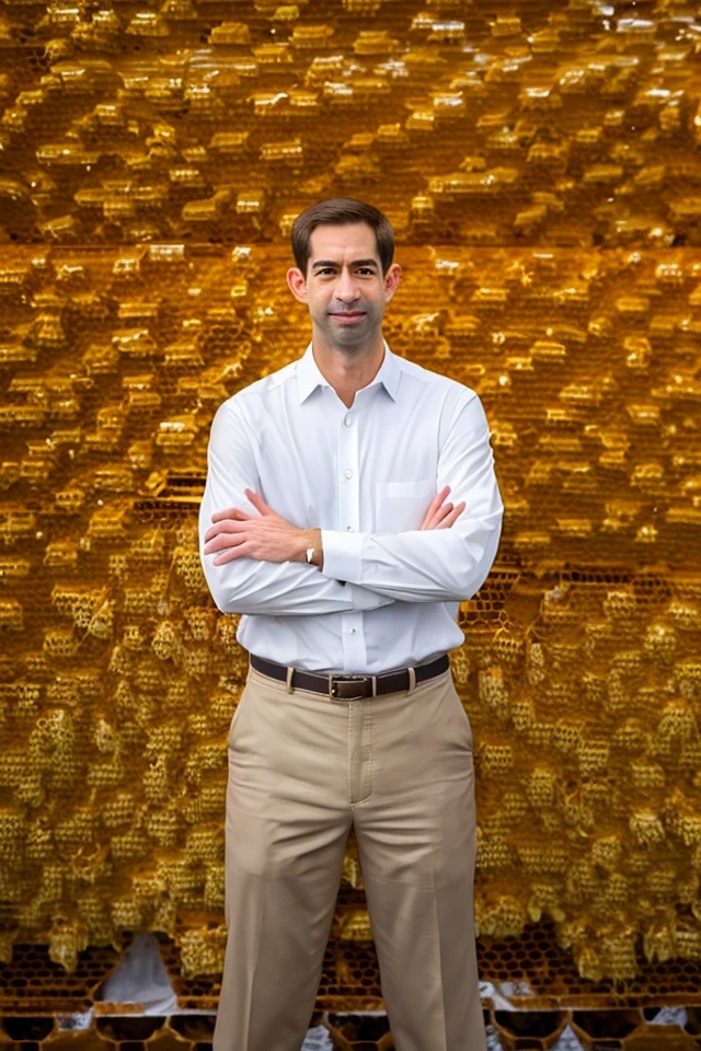 tom cotton <lora:senate_008_tom_cotton:0.65> , face closeup, face focus, shirt, formal, suit, collared shirt, white shirt, jacket,
Wearing a beekeeper suit, standing in an apiary with bee hives around, holding a giant honeycomb, "Honey Pot Funds",
best quality, masterpiece, HDR, professional, studio quality, highres,