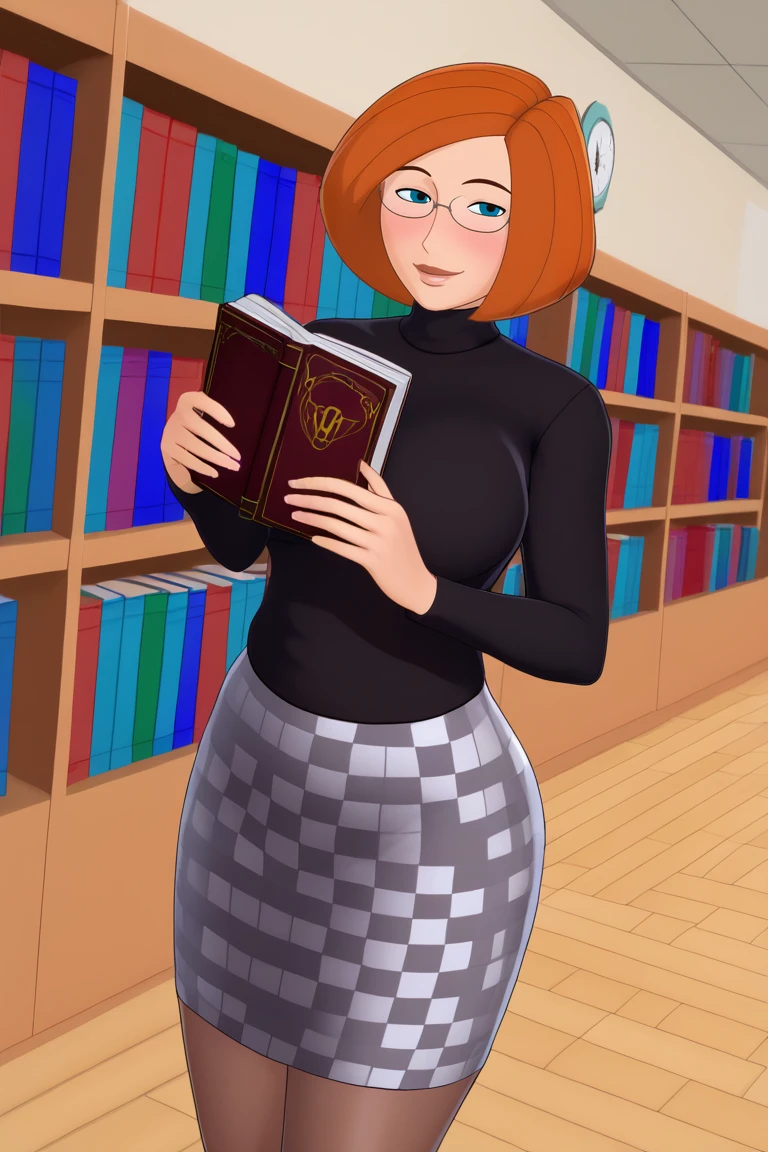 <lora:knightoflove-guy-PONYv1:1>, 1girl, solo, looking at viewer, <lora:annpossible-guy-PONYv1:0.9> annpossible, turtleneck sweater, black sweater, checkered skirt, glasses, library, pantyhose, smile, breasts, mature female, blush, holding book, head tilt,