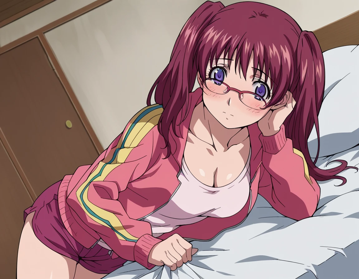 score_9, score_8_up, score_7_up, source_anime,
ringonoyamano, <lora:ringo-noyamano-s1-ponyxl-lora-nochekaiser:1>,
ringo noyamano, long hair, red hair, twintails, purple eyes, glasses, twintails,
cleavage, jacket, shorts, pink shorts, track jacket, open clothes, shirt, collarbone,
indoors, bed, bed room, on side, blush, drunk,
looking at viewer, cowboy shot, dutch angle, solo,