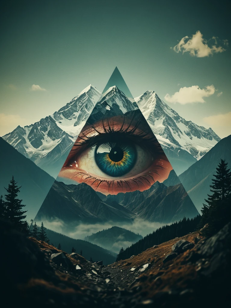 mountain, surreal, double exposure, dark and moody ,colored all seeing eye,film grain,high quality, dramatic ,poster