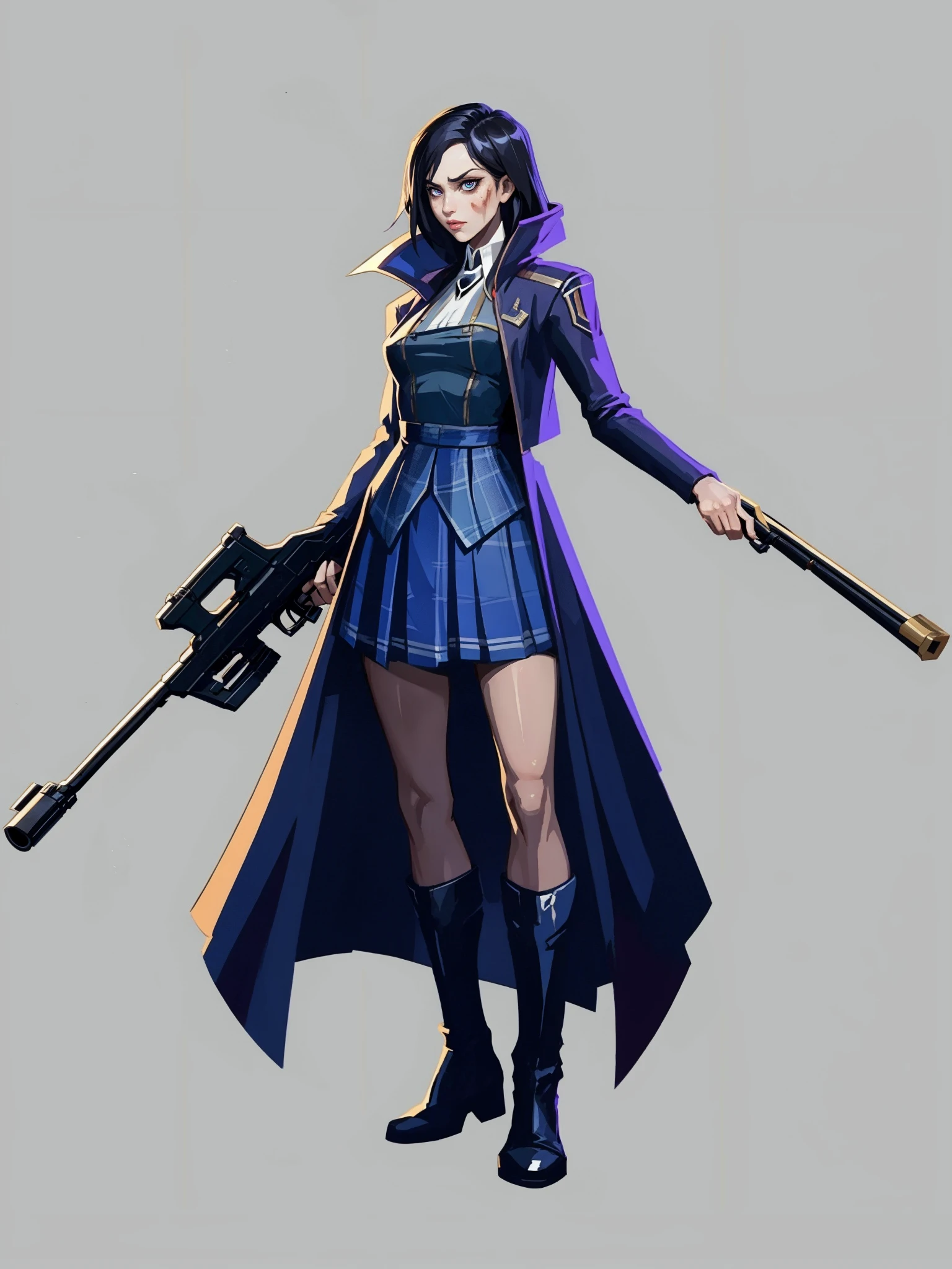 HEZI,Valenlott style,European and American cartoon character design,cutting,dividing,angular,features,1girl,(full body:1.2),game,girl with rifle,huge ,bullet on body,wound on face,arrogant eyes,blue pupil,white pleated skirt,long coat,wide hem,flannel ball,game character design,simple background,purple pupil,bouncing,<lora:欧ç¾å¡é人ç©è®¾è®¡V2çæ¬-000012:0.7>,