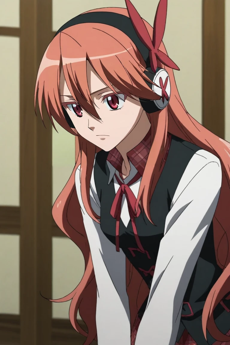 score_9, score_8_up, score_7_up, source_anime, , anime screencap, anime coloring, , , , , 1girl, solo, <lora:chelsea_akame_ga_kill_pony:0.76>, chelsea_akame_ga_kill, red hair, red eyes, long hair, hair between eyes, bangs, headphones, ribbon, neck ribbon, plaid, , organza,, dock, Leaning forward with curiosity, <lora:sdxl_lightning_8step_lora:1>