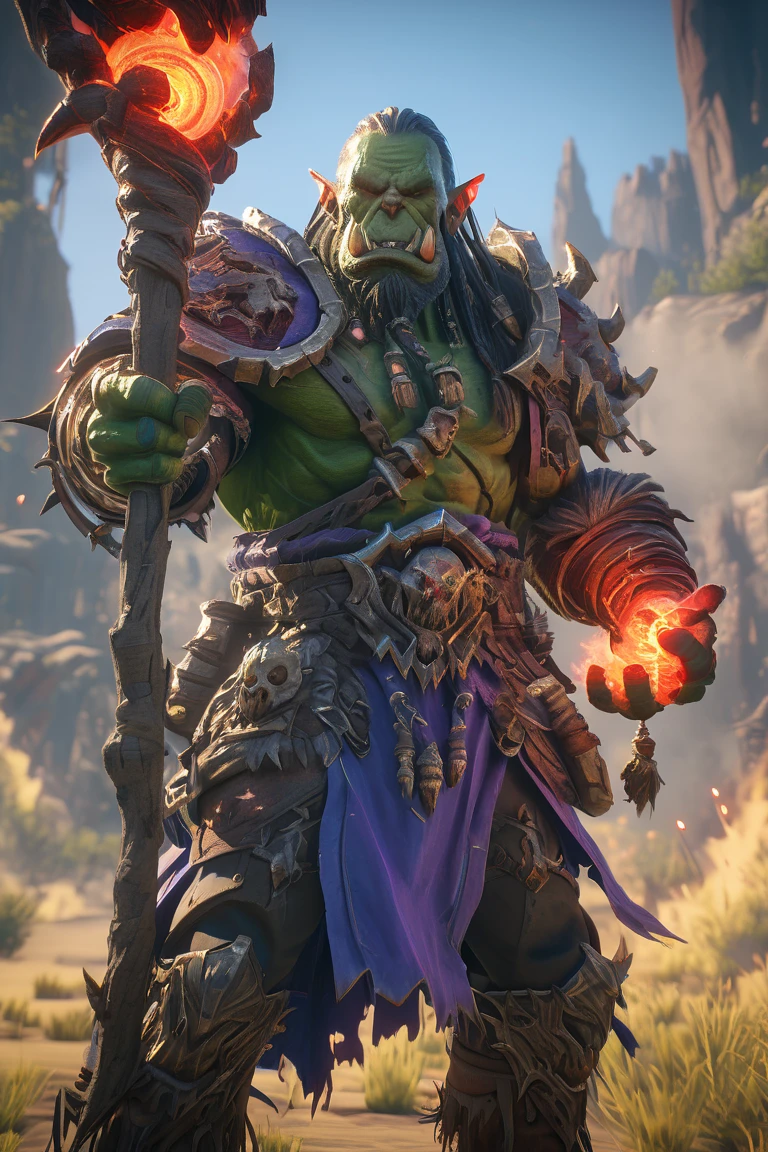 a cinematic fullbody shot of a world of warcraft Orc Shaman casting ref fire magic spells with staff, battlefield in background, unreal engine 5, HD, masterpiece, best quality, hyper detailed, ultra detailed