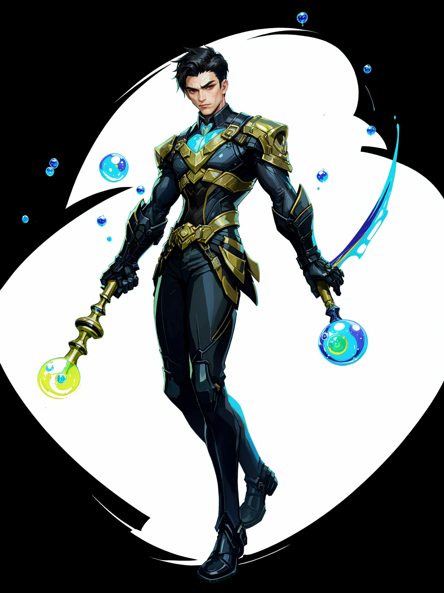 HEZI,Valenlott style,European and American cartoon character design,cutting,dividing,angular,features,1boy,solo,male focus,black hair,red eyes,white background,staff,simple background,multicolored hair,full body,holding,two-tone hair,looking at viewer,
masterpiece,best quality,(rich details:1.1),incredibly absurdres,(Floating with colorful bubbles:1.2),<lora:欧ç¾å¡é人ç©è®¾è®¡V2çæ¬-000012:0.7>,