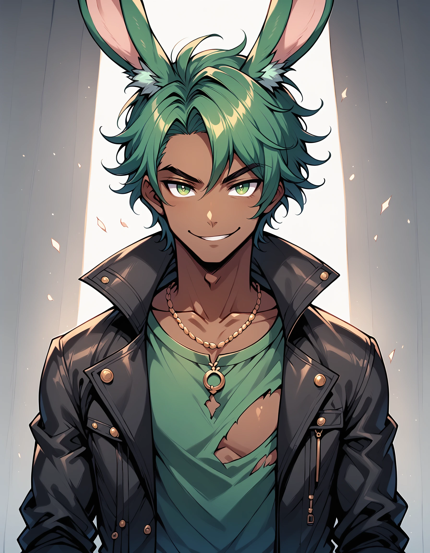 dspdxslme, 1boy, male focus, solo, animal ears, green eyes, jacket, rabbit ears, shirt, jewelry, green hair, dark-skinned male, green shirt, viera, looking at viewer, upper body, dark skin, necklace, torn clothes, black jacket, smile, torn shirt, leather jacket, open jacket, open clothes, PonyXLV6_Scores, <lora:NijiSlimePDXL:1>