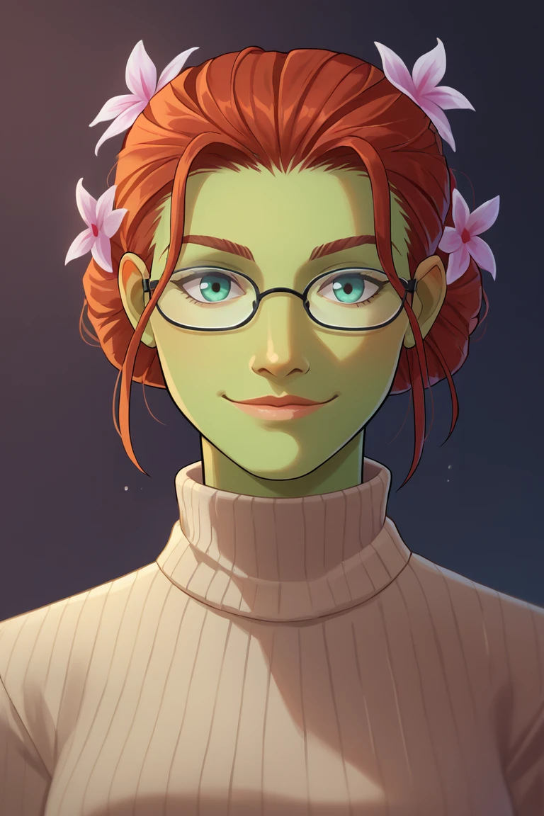 score_9, score_8_up, score_7_up, BREAK, 1girl, solo, <lora:pibak-guy-PONYv1wg:.9>, pibak, green skin, hair flower, turtleneck sweater, glasses, looking at viewer, portrait, light smile,