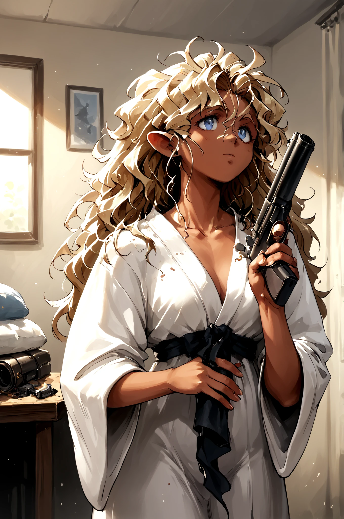 score_9,score_8_up,score_7_up, kuramitsu_mihoshi, solo, <lora:MihoshiV1:0.85>  gun, white_robe, dark_skin, very_long_hair, messy_hair, messy_room, , (high quality, detailed, beautiful),