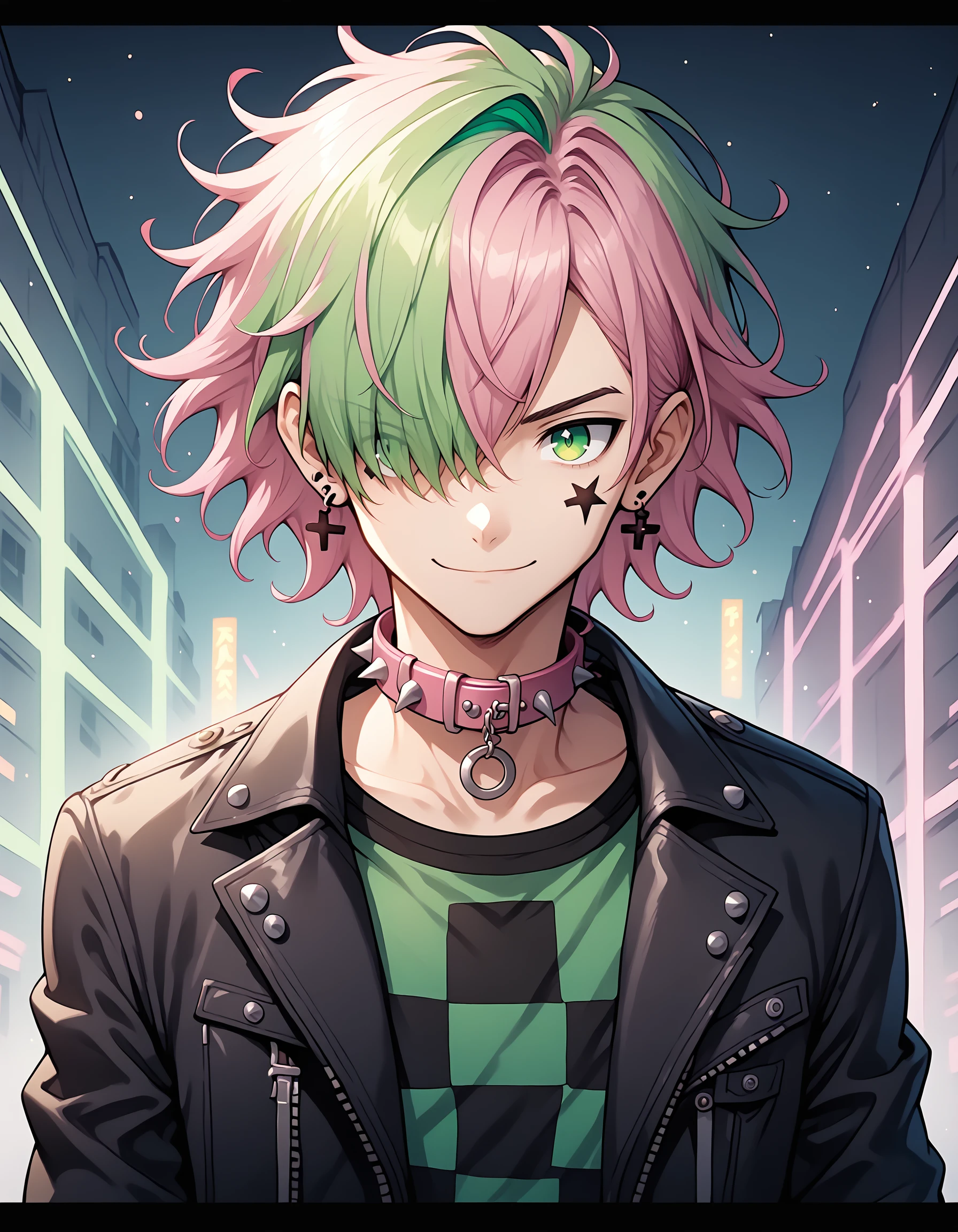 dspdxslme, solo, jewelry, earrings, jacket, male focus, 1boy, green eyes, spikes, leather jacket, green hair, letterboxed, looking at viewer, upper body, checkered clothes, black jacket, multicolored hair, pink hair, spiked collar, leather, hair over one eye, smile, collar, facial mark, star (symbol), closed mouth, long hair, floating hair, open jacket,, neon lighting, green lighting, sidelighting, PonyXLV6_Scores, <lora:NijiSlimePDXL:0.8>