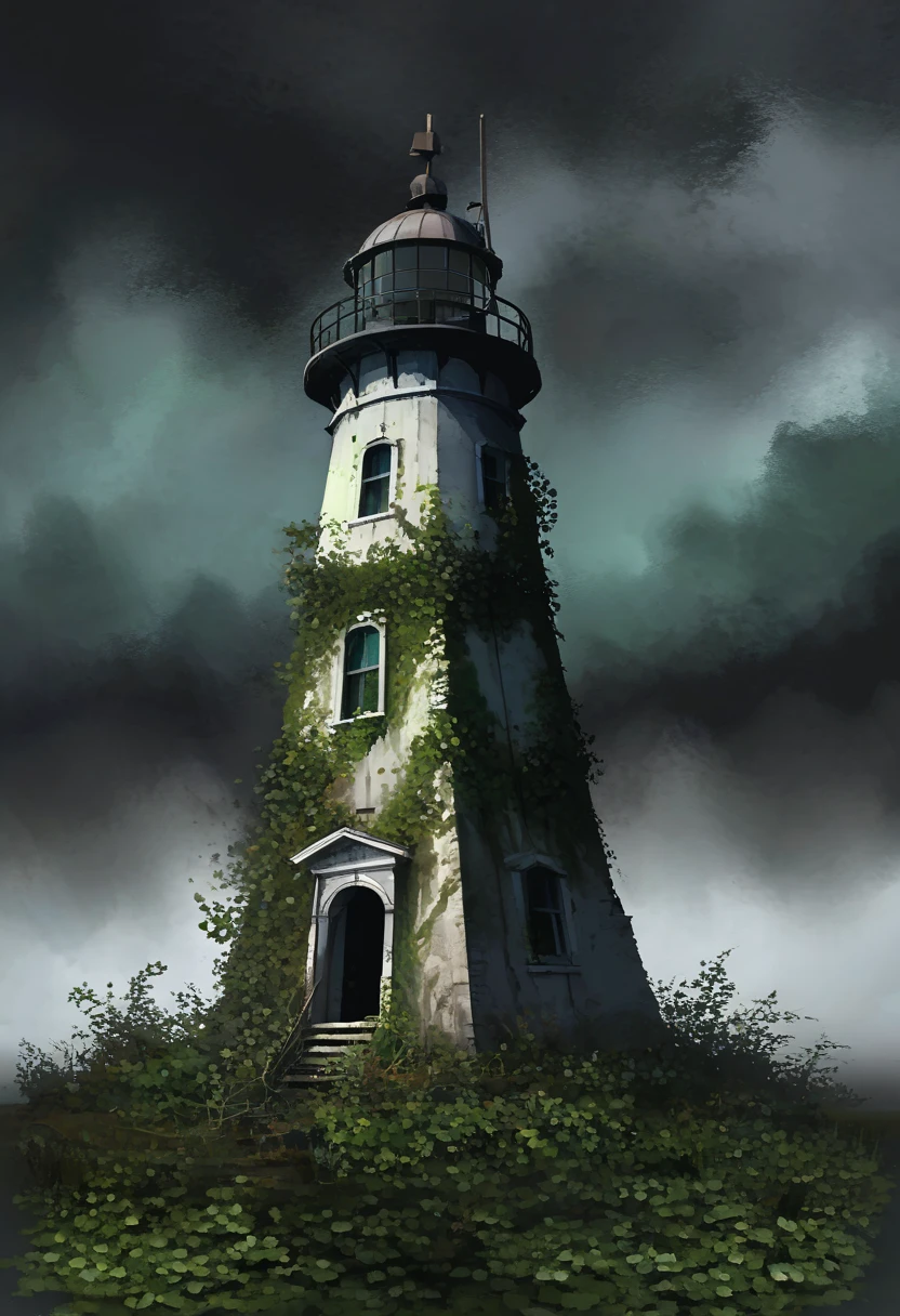 Abandoned lighthouse surrounded by overgrown vegetation, digital art, tags: lighthouse, abandoned, overgrown vegetation, eerie atmosphere, digital painting, forgotten structure, nature reclaiming, ivy-covered, mysterious, cloudy day, desolate scene, crumbling architecture, isolation, spooky, dark greens, shadowy, aged stone, history, suspenseful mood, digital texture