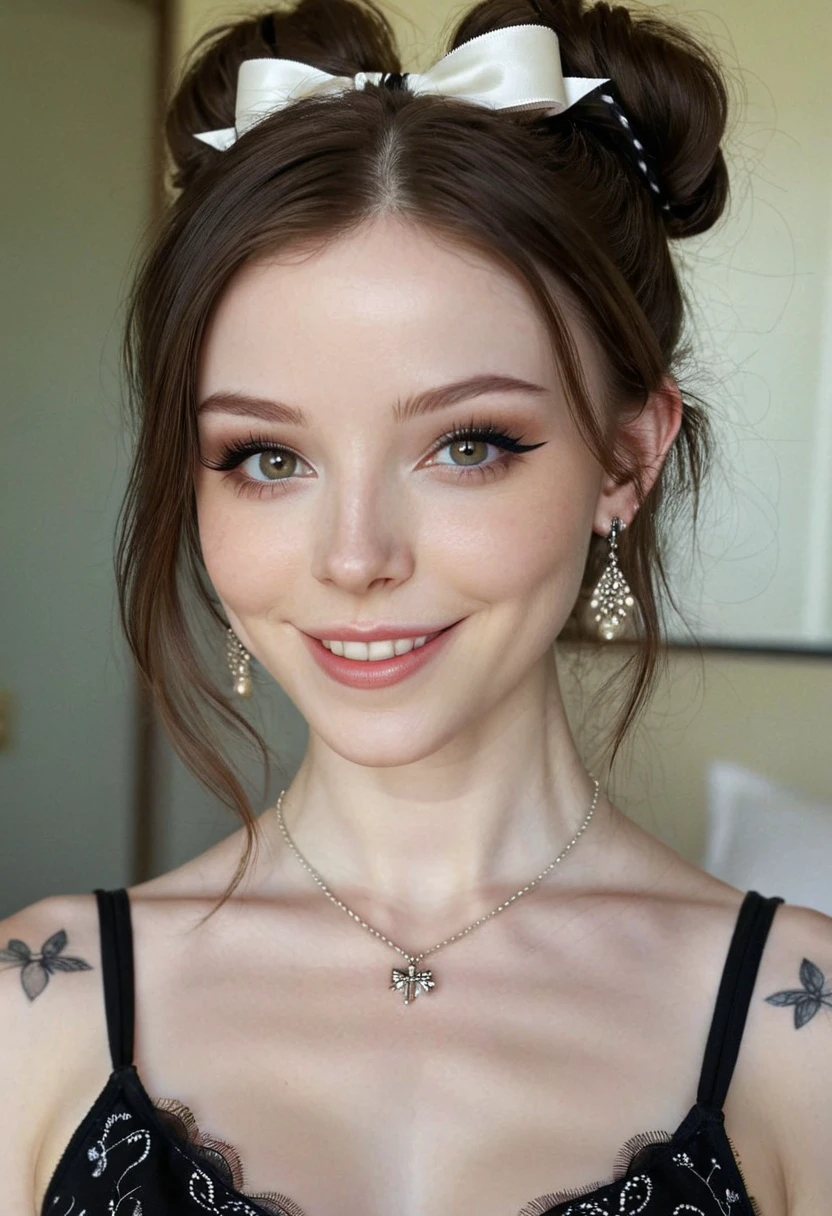 Dainty, wearing tank top, bows in hair, smile, eyeliner, eye makeup, pale skin, 8k, very detailed