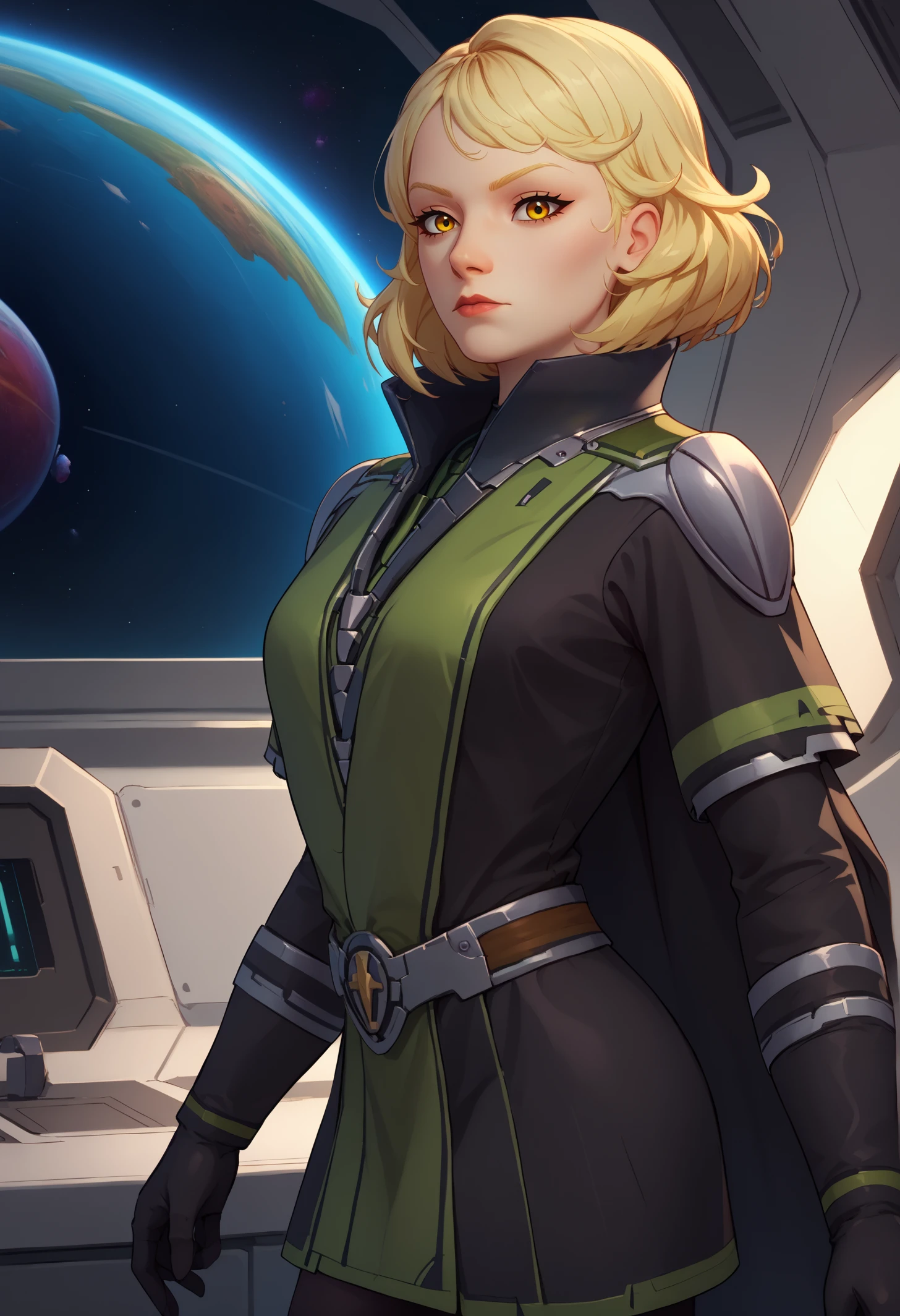 score_9, score_8_up, score_7_up, BREAK 1girl, solo, LanaBeniko, yellow eyes, medium hair, blonde hair, <lora:LanaBenikoPDXL_V1-Manityro-CAME:1.0>, indoors, space, spacecraft, science fiction,
looking at viewer, side view, looking to the side,
SorOut, popped collar, epaulette, cape, green vest, black shirt, long sleeves, swept bangs, black gloves, black leggings