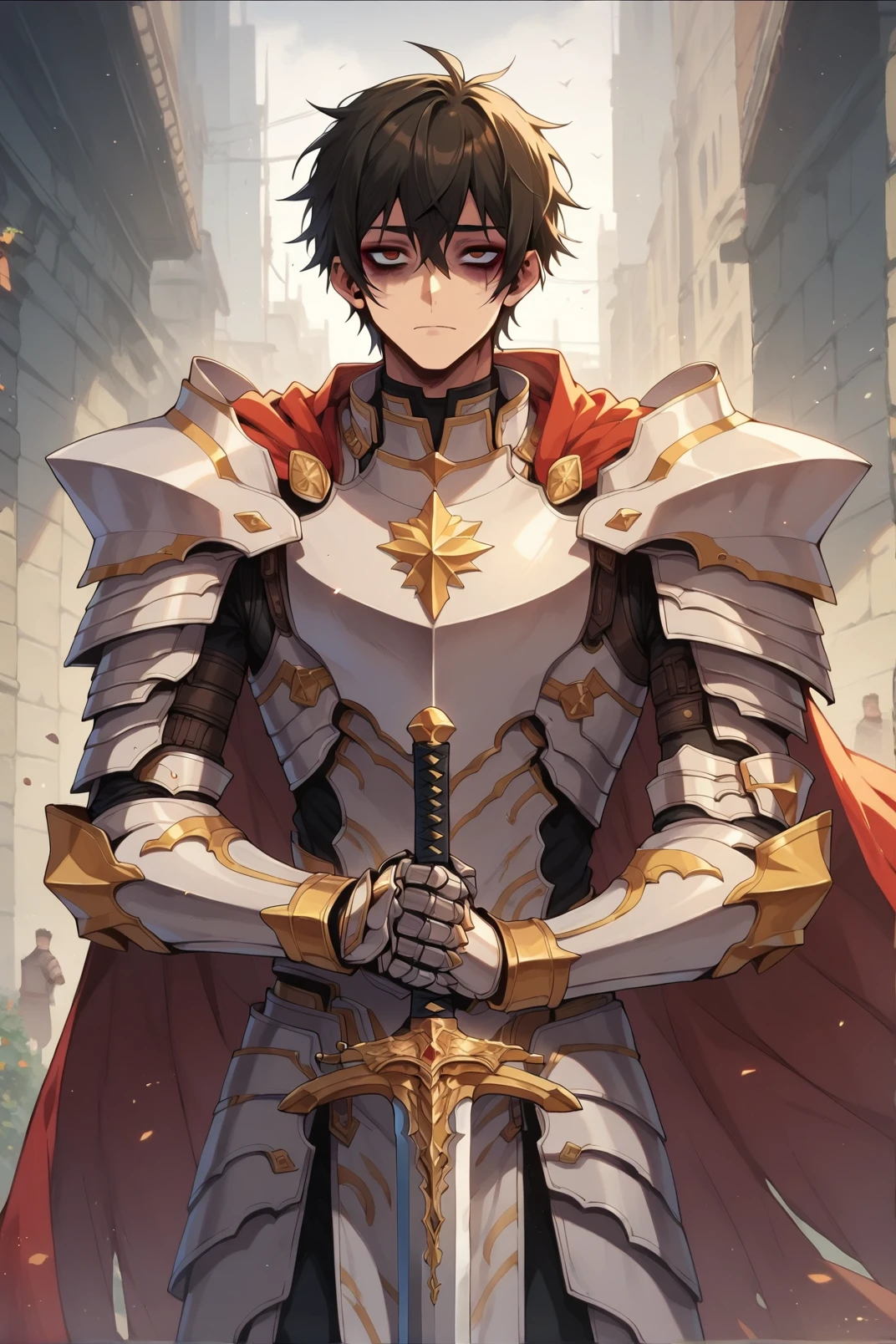 1boy, kim_minsu, bags under eyes, bangs, cape, armor, shoulder armor, breastplate, <lora:Kim Minsu _Hero has Returned Pony XL-000002:0.8> <lora:Pony_Fantasy_Knights_-_By_HailoKnight:0.7> hkstyle, holding sword,, score_9, score_8_up, score_7_up,