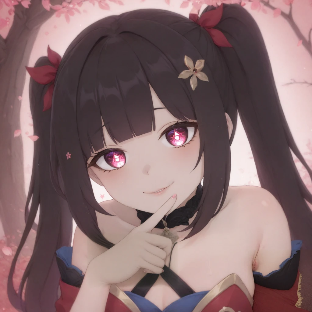 1girl, solo, long hair, looking at viewer, smile, hair ornament, blunt bangs, close-up, Sparkle \(Honkai: Star Rail\), multicolored hair, pink eyes, red dots under eyes, cherry blossom tattoo on shoulder, dark brown hair, cherry blossom-shaped pupil, finger on lip, goldfish, glowing eye, chromatic aberration, twintails <lora:Double_double_Guinaifen_Sparkle:1>