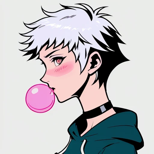 BACKGROUND is Off White B,CLOTHING is Hoodie,EYES is Relaxed,FACE is Blush,HAIR is Silver Pixie,MOUTH is Bubble Gum,NECK is Choker,TYPE is Human,