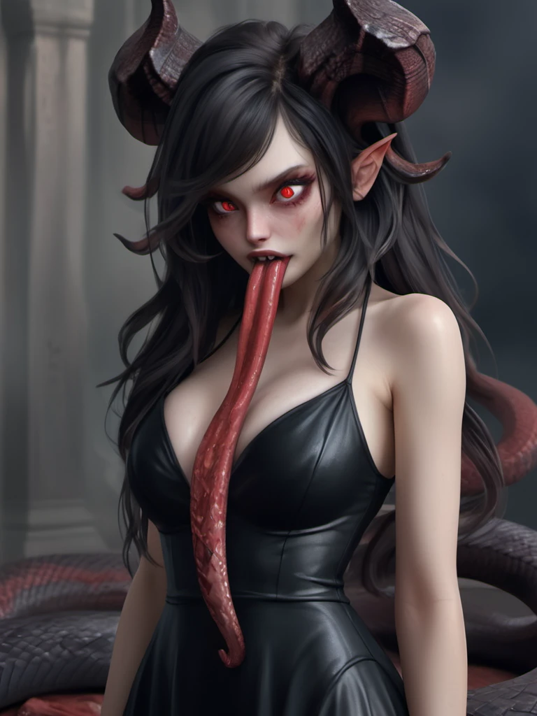 Hyperrealistic art <lora:VeryLongTongue:1> vlt, long tongue, snake tongue, demon, red skin, horns, black dress, 1girl, cute, beautiful, skinny, fit, asian, 20 years old, looking at the distance,  [very long hair|black hairl], messy hair, pale skin , medium breast,  <lora:detailed_notrigger:0.8> . Extremely high-resolution details, photographic, realism pushed to extreme, fine texture, incredibly lifelike