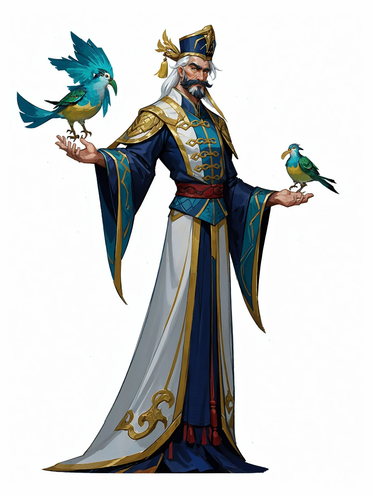 HEZI,Valenlott style,European and American cartoon character design,cutting,dividing,angular,features,solo,long hair,long sleeves,1boy,hat,white background,standing,white hair,male focus,wide sleeves,facial hair,bird,chinese clothes,tassel,beard,robe,mustache,old,old man,<lora:æ¬§ç¾å¡éäººç©è®¾è®¡V2çæ¬-000012:0.7>,