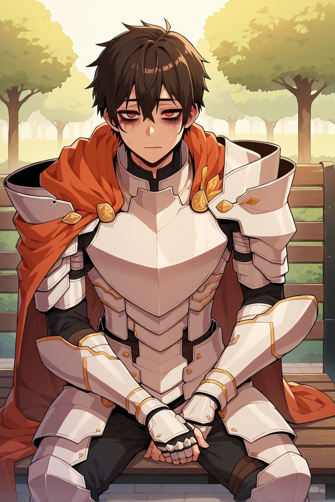 1boy, bags under eyes, bangs, kim_minsu, cape, armor, shoulder armor, breastplate, sitting on bench, park <lora:Kim Minsu _Hero has Returned Pony XL-000002:1>, score_9, score_8_up, score_7_up,