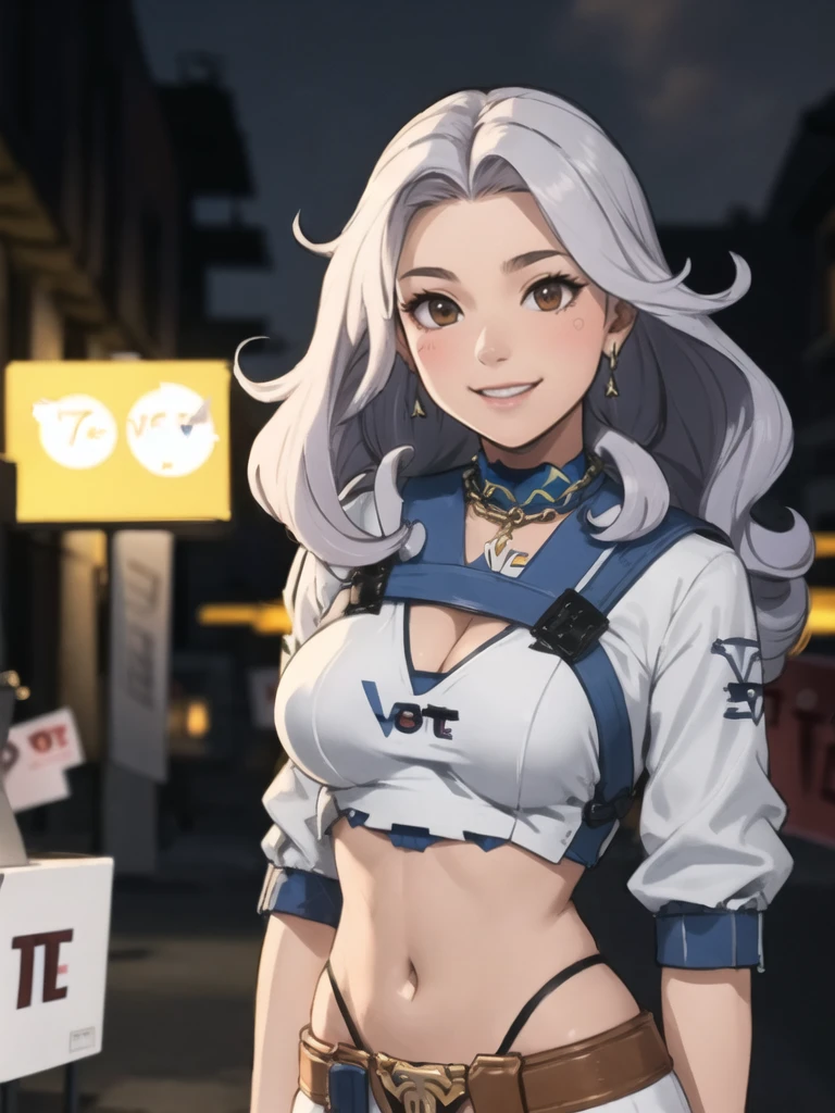 Best quality, high detail, ultra high resolution, true skin texture, original photo, highly realistic, night, dark shadow, low profile, cold light, an oriental girl, with a sign that says (vote copax:1.9), exquisite facial features, smile, white teeth, thin chain decoration, light color sweater, bust, breast beauty, hot figure, long and long hair, fluffy big wavy hairstyle, a lot of hair covering the chest, long legs, side, look at the camera. Full-body lens, depth of field, panoramic view.