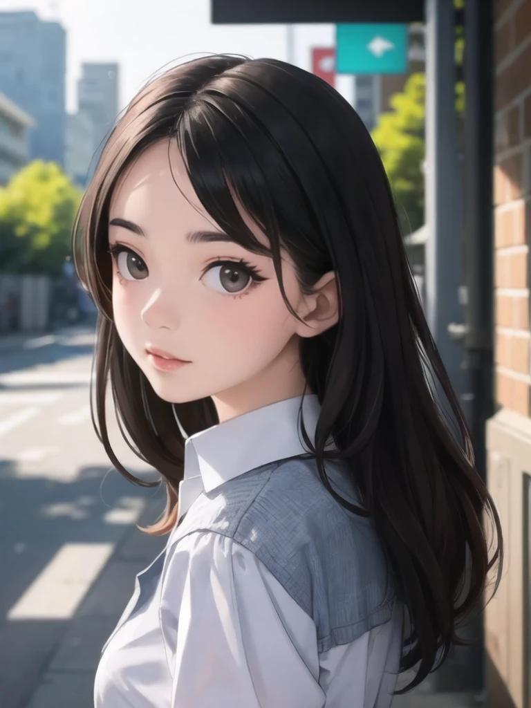 Girl, long brown hair, gray eyes, sharp features, white skin, school uniform, garden