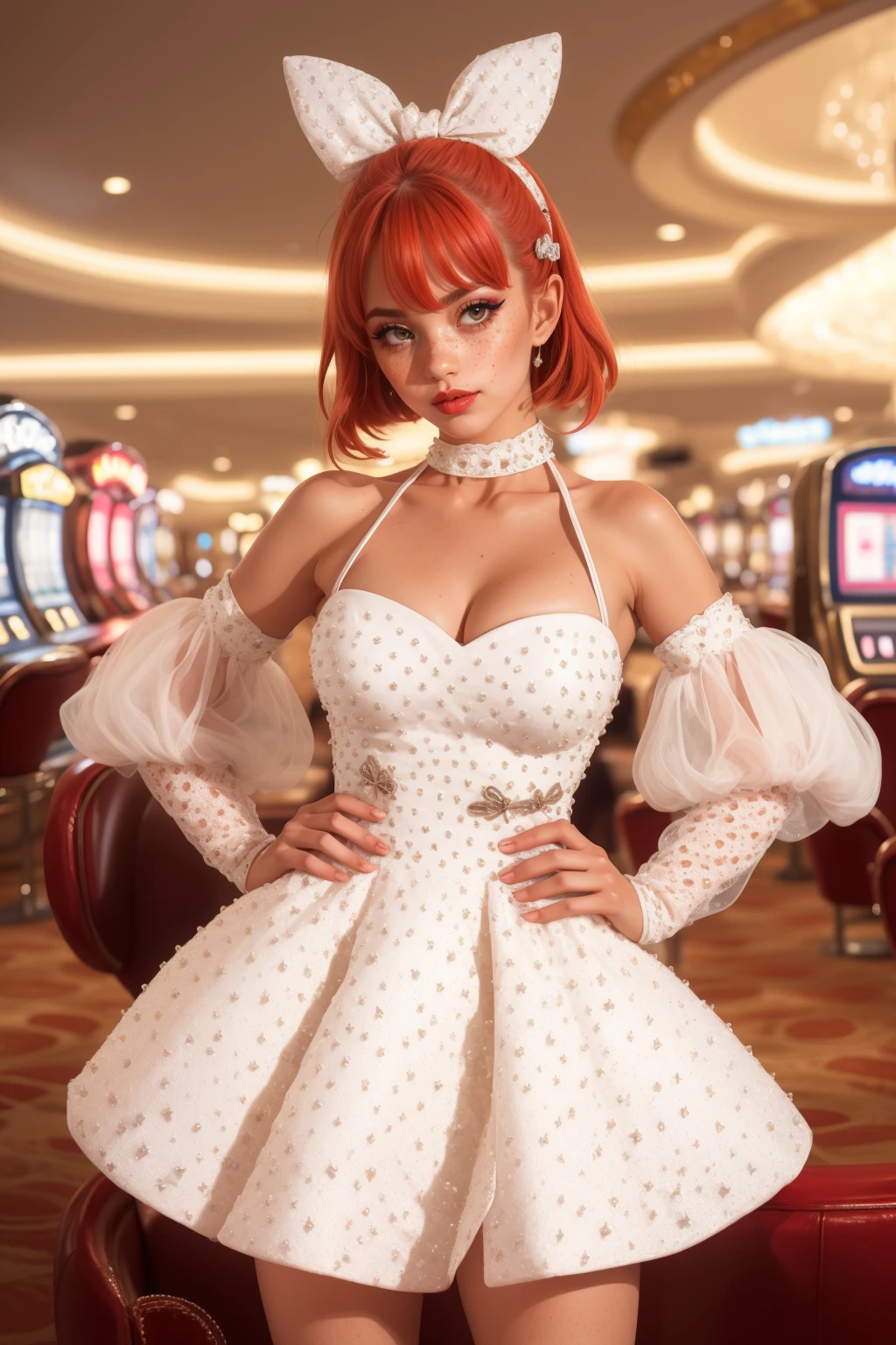 beautiful adult woman, solo, <lora:WSGHC-42:0.8> dr3ss, silver rubber:1.3 dress, studded peplum, standing, hand on hip, best quality, high quality, high detail, 8k resolution, eyeliner, eyeshadow, makeup, (freckles) hime cut, (kawaii hair clips:1.2) [red hair] Monte Carlo, Monaco, Luxury Casino, Evening Glamour detached sleeves