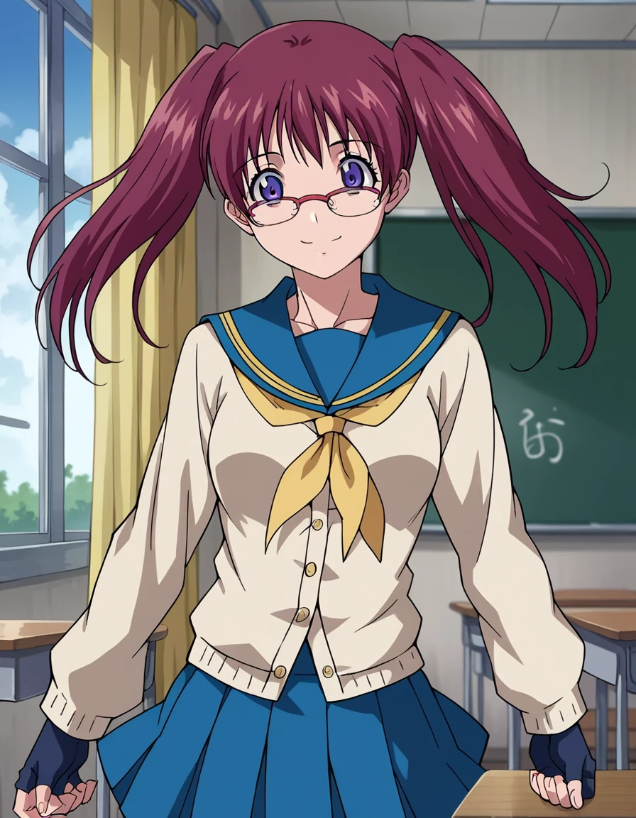 score_9, score_8_up, score_7_up, source_anime,
ringonoyamano, <lora:ringo-noyamano-s1-ponyxl-lora-nochekaiser:1>,
ringo noyamano, long hair, red hair, twintails, purple eyes, glasses, twintails,
skirt, gloves, school uniform, serafuku, fingerless gloves, cardigan, bike shorts, blue sailor collar, yellow neckerchief, long sleeves, blue skirt, pleated skirt,
indoors, classroom, smile,
cowboy shot, dutch angle, solo,