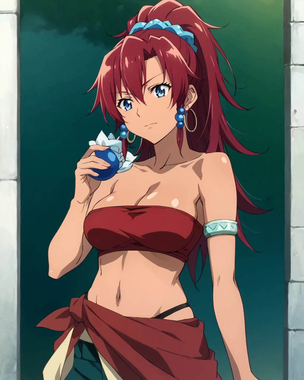 score_9, score_8_up, score_7_up, source_anime,masterpiece,best quality,highres,absurdres,official art,official style,source_anime,anime screencap,anime coloring,megami magazine,anime,animated,
shiny skin,large breasts,
 <lora:bellows:1> bellows, red hair, ponytail, blue eyes, dark skin, hoop earrings,hair beads, sidelocks,red tubetop,navel,armlet,