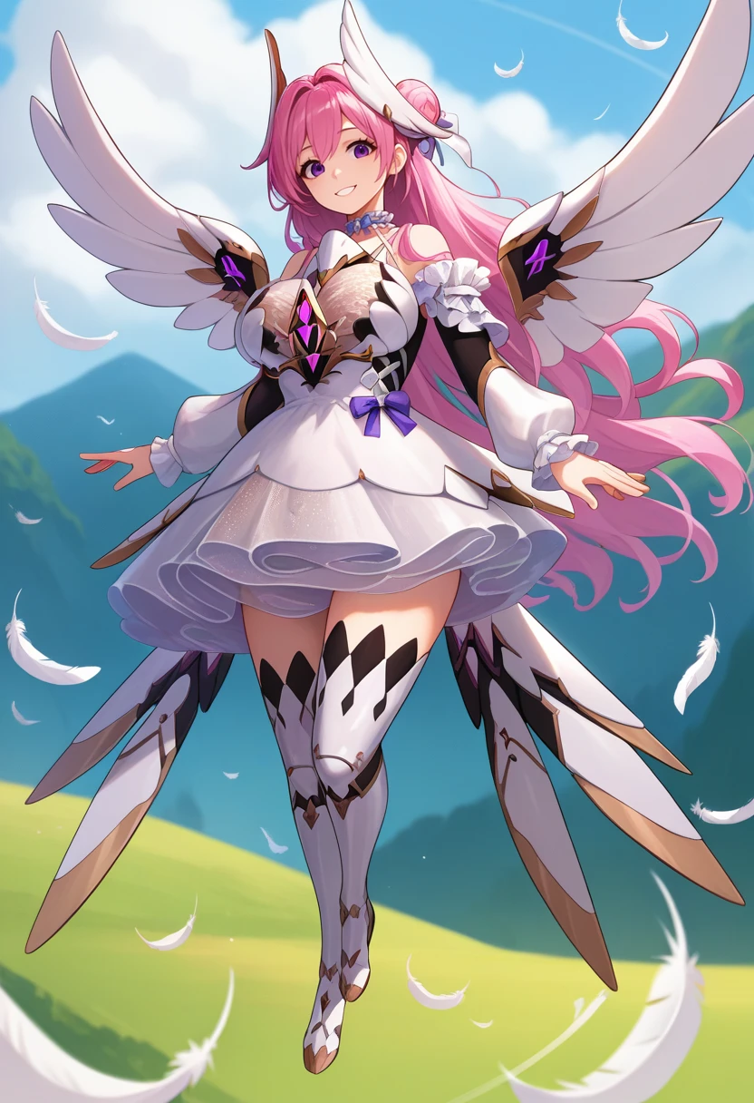 score_9, score_8_up, score_7_up, source_anime BREAK 1girl, solo, <lora:dorothy-nikke-richy-v1_pdxl:1> dorothyalt, pink hair, long hair, hair bun, braid, purple eyes, headgear, hair ribbon, hair ornament, chest jewel, see-through, large breasts, white dress, frilled choker, frills, detached sleeves, thighhighs, mechnical wings, levitation, floating hair, flying, feathers, full body, smile, looking at viewer