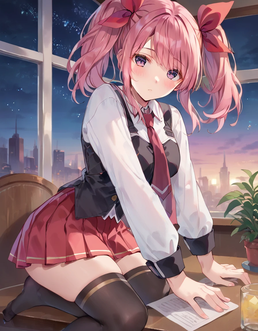 score_9, score_8_up, score_7_up, score_6_up, score_5_up, score_4_up
<lora:startguardian_lux_pony6_v1:.7> lxstrgrdn, pink hair, sitting over a table, window, starry sky,  <lora:bible_black_uniform_xl_v3:1>  white shirt, black vest, black thighhighs, red skirt, red necktie, looking at viewer, blush, hair red ribbon,