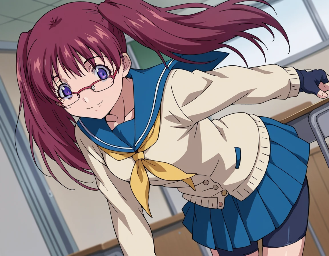 score_9, score_8_up, score_7_up, source_anime,
ringonoyamano, <lora:ringo-noyamano-s1-ponyxl-lora-nochekaiser:1>,
ringo noyamano, long hair, red hair, twintails, purple eyes, glasses, twintails,
skirt, gloves, school uniform, serafuku, fingerless gloves, cardigan, bike shorts, blue sailor collar, yellow neckerchief, long sleeves, blue skirt, pleated skirt,
indoors, classroom, smile, bent over,
cowboy shot, dutch angle, solo,