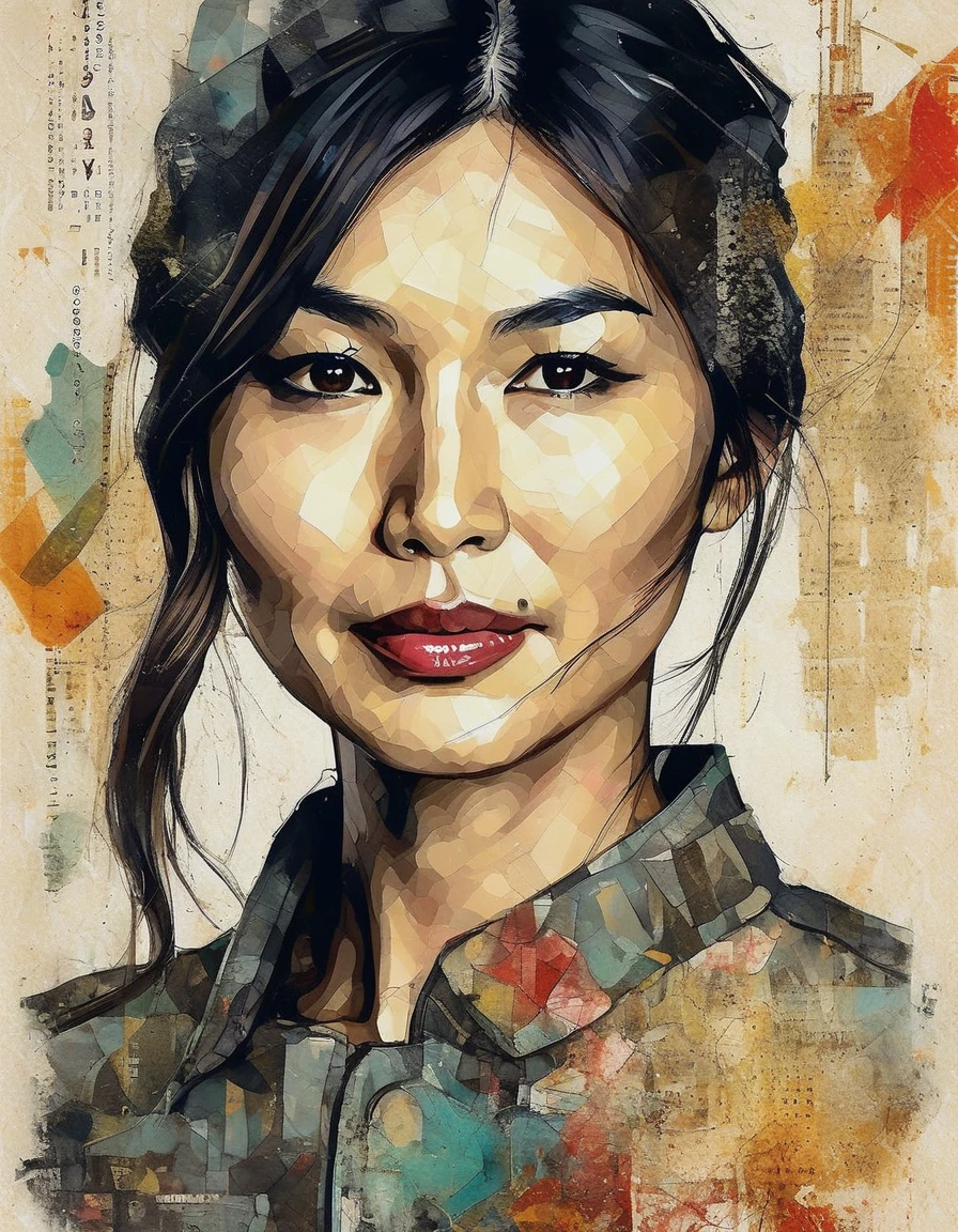 <lora:Gemma Chan v3:1.0> ,  collage style illustration of ((gmmchnsrsi woman)), slight smile, mixed media, layered, textural, detailed, artistic