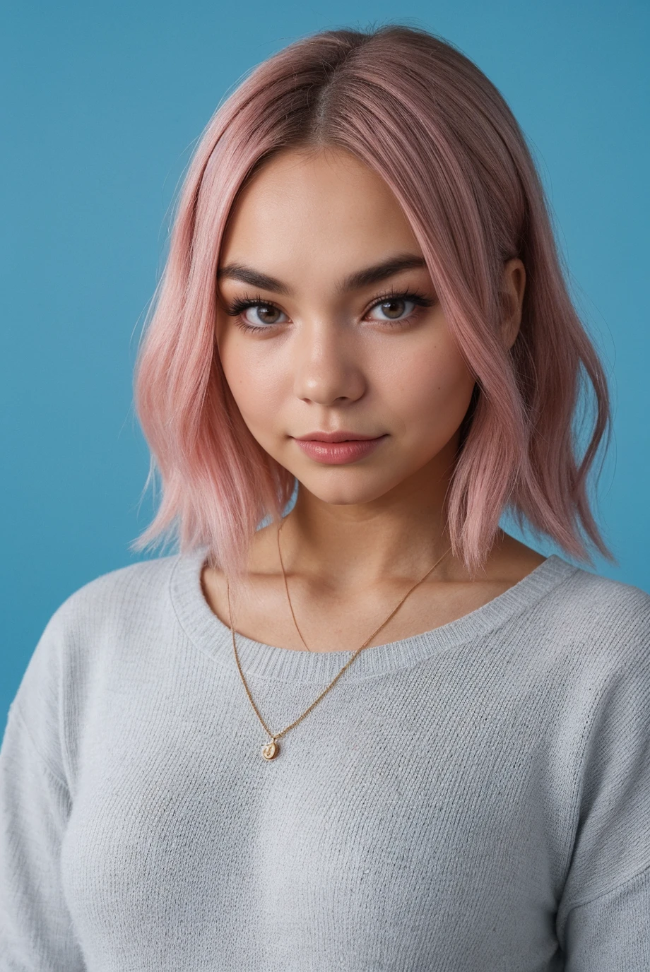 full body shot of 0ER0_Lara_Fraser, pink hair, wearing a sweater, dress, blue background, RAW photo, 8k UHD, DSLR, soft lighting, high quality, film grain, Fujifilm XT3, RAW candid cinema, 16mm, color graded portra 400 film, remarkable color, ultra realistic, textured skin, remarkable detailed pupils, realistic dull skin noise, visible skin detail, skin fuzz, dry skin, shot with cinematic camera