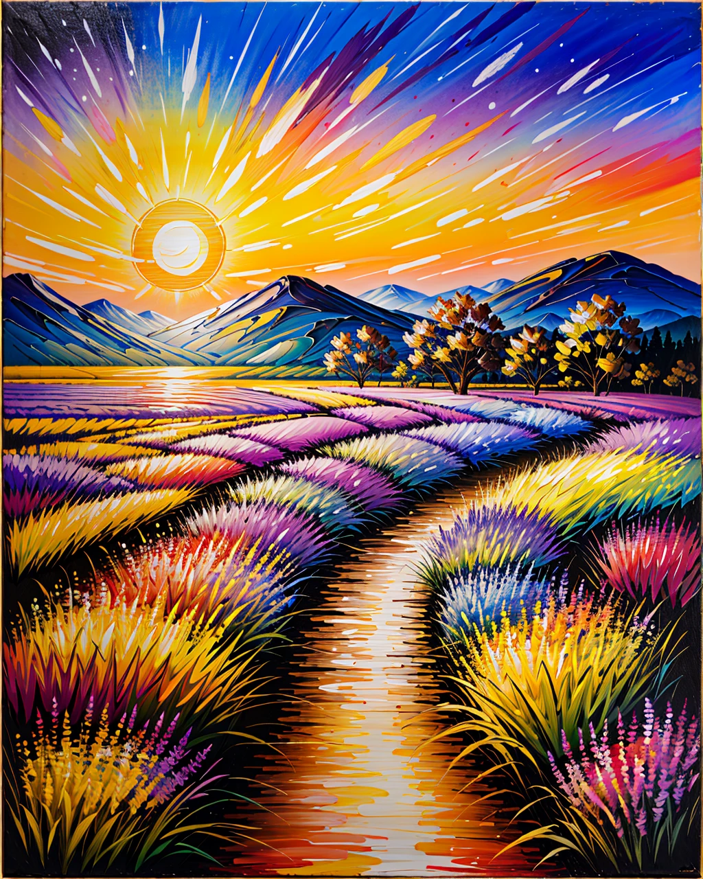 best quality,masterpiece,highly detailed,ultra-detailed, 
 <lora:neg9V2_last:0.5> 
 <lora:brushstroke_last:1.16>
oil painting \(medium\),realistic,, scenery,An alluring lavender field in summer, soft purples swaying beneath a warm sun, serenity personified