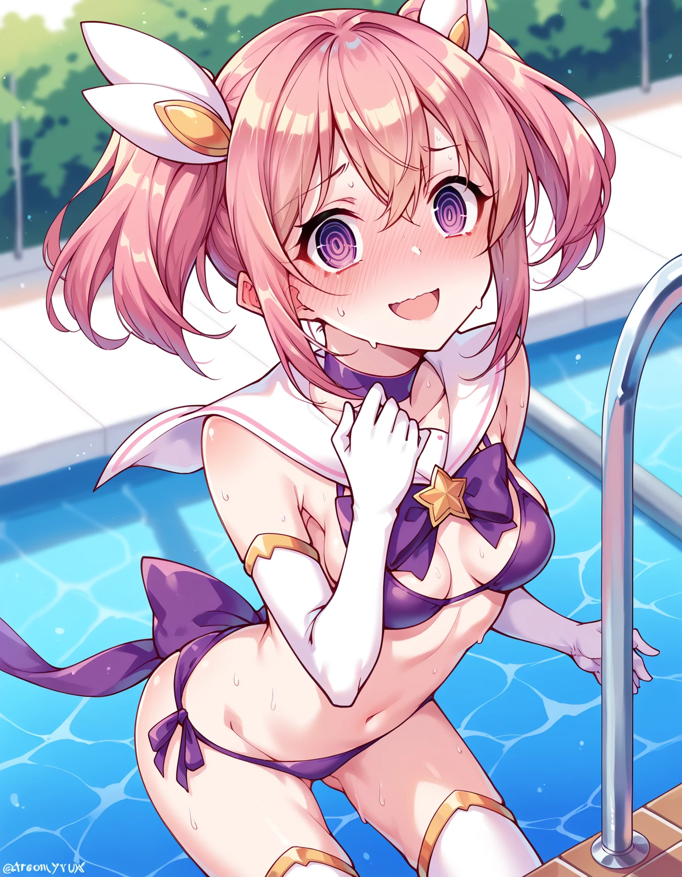 side tie panties,blush, full-face blush,masterpiece, highest quality, (anime screencap:1.3),(shape), cute,(simple:1), (anime:1.2),Solo Sharp Focus, 1 girl, cleavage,looking at the viewer, nighttime pools,Are standing,,(NSFW:1.2),bikini,pastel colour,beautiful hair,Horizontal stripes,heart shaped pupils,plaid pattern bra, plaid pattern panties,Tropicaljuice,arched back,one eye closed,Happy smile,