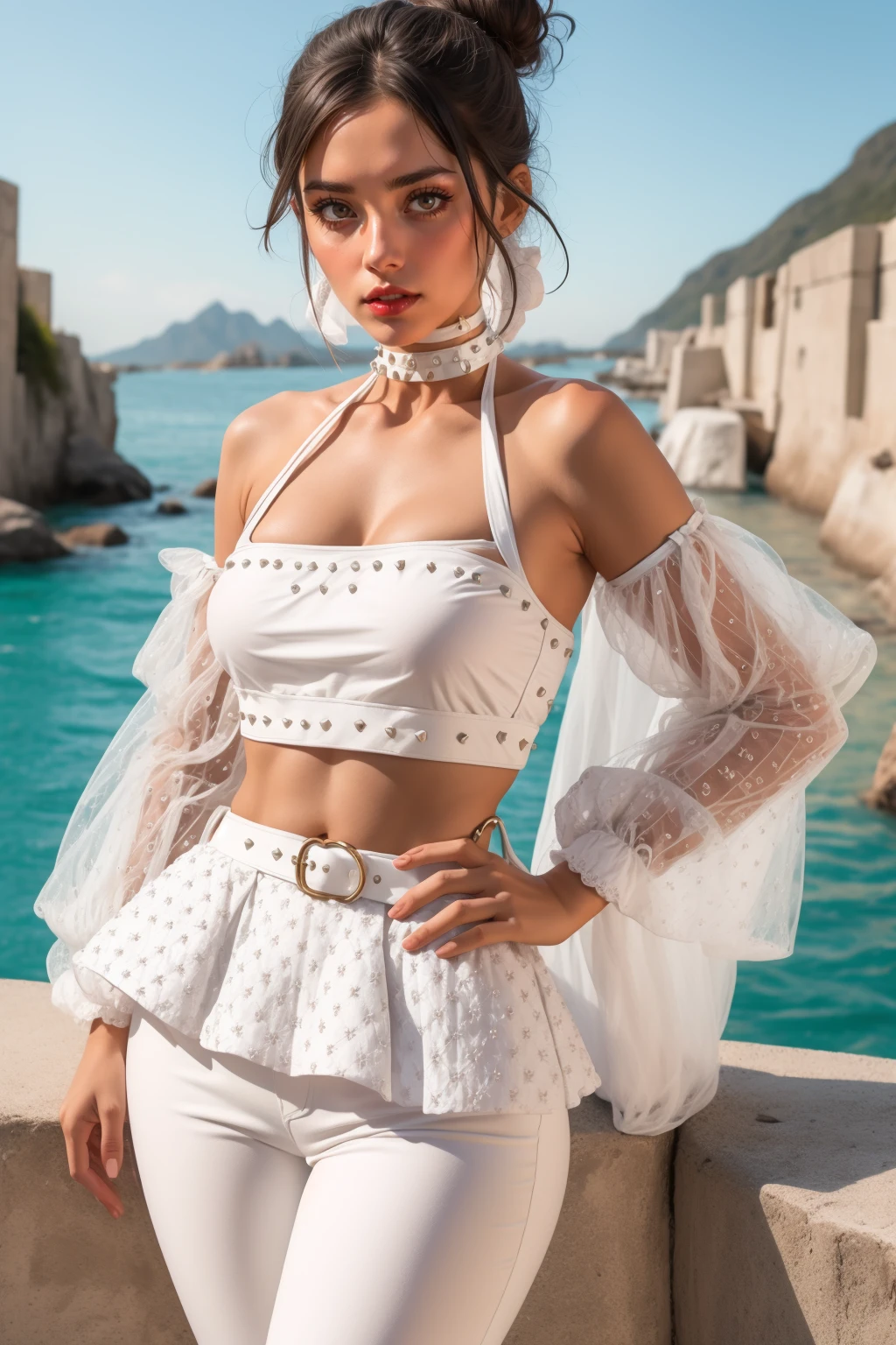 Gothic style beautiful adult woman, solo, <lora:WSGHC-42:0.8> dr3ss,  crop top,  white pants, collarbone, studded peplum, laces, gossamer skirt, belt, choker, halter neck, standing, hand on hip, best quality, high quality, high detail, 8k resolution, eyeliner, eyeshadow, makeup, red lips (curly bangs with bun:1.2), [butterfly clips] black hair Amalfi Coast, Italy, Cliffside Villages, Golden Hour detached sleeves . Dark, mysterious, haunting, dramatic, ornate, detailed