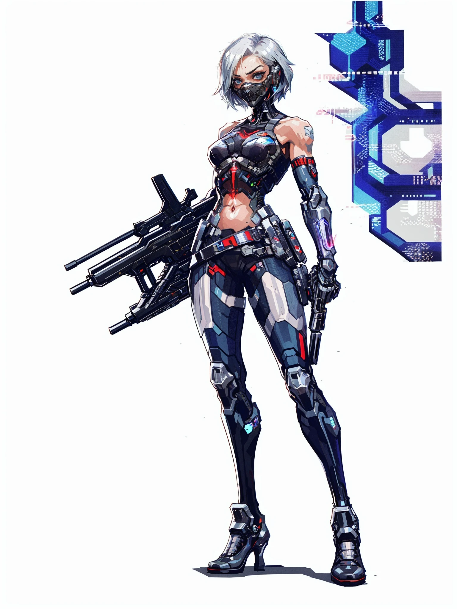 HEZI,Valenlott style,European and American cartoon character design,cutting,dividing,angular,features,(Cyberpunk:1.5),(Character design:1.2),science fiction,game characters,1girl,solo,weapon,holding weapon,gun,gloves,high heels,full body,holding,boots,jewelry,earrings,breasts,pants,standing,simple background,grey background,holding gun,high heel boots,medium hair,white hair,bare shoulders,bandaid,grey bodysuit,looking at viewer,black gloves,grey eyes,cyberpunk,muscular,bandaid on face,armored boots,arm strap,pouch,black pants,goggles,parted lips,sleeveless,tattoo,short hair,medium breasts,grey hair,bodysuit,cyborg,holster,covered navel,bangs,leotard,muscular female,grey footwear,grey gloves,respirator,tight,blue eyes,rifle,armor,sword,white background,knife,prosthesis,closed mouth,skin tight,knee boots,mask,belt,mask around neck,large breasts,long hair,<lora:欧ç¾å¡é人ç©è®¾è®¡V2çæ¬-000012:0.7>,