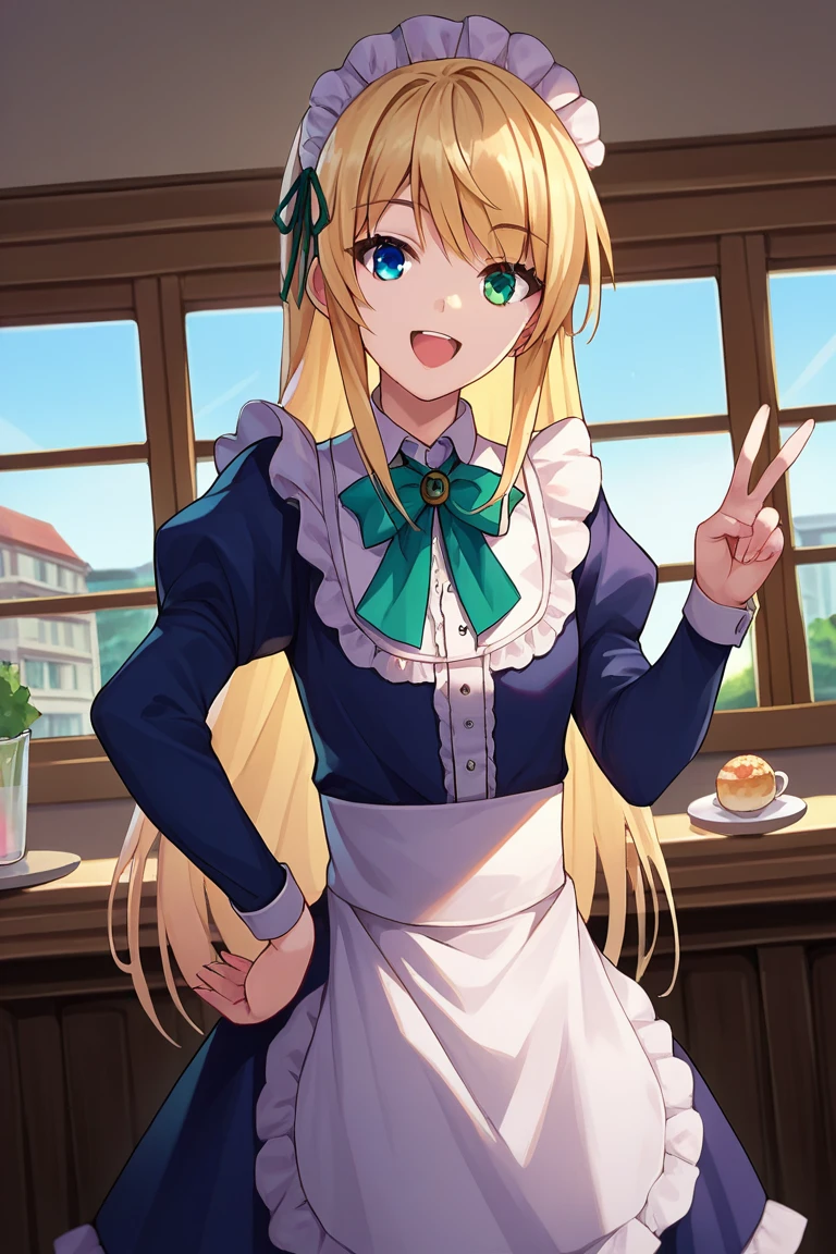 score_9, score_8_up, score_7_up, score_6_up, score_5_up, score_4_up, source_anime, BREAK yumina, 1girl, solo, standing, hand on own hip, v, looking at viewer, blonde hair, long hair, bangs, heterochromia, green eyes, blue eyes, smile, open mouth, maid, maid dress, collared dress, striped clothes, maid headdress, frills, hair ribbon, apron, waist apron, puffy sleeves, long sleeves, neck ribbon, cowboy shot, dutch angle, indoors, cafe, day, table, window,
<lora:Yumina_PonyXL_v1:1>