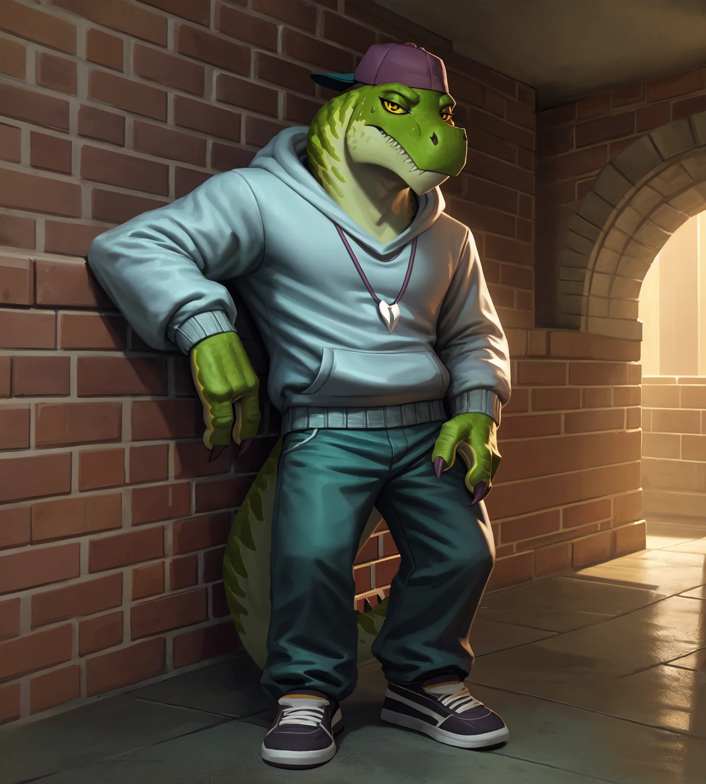 this photograph depicts a kan3 leaning casually back against a brick wall, kan3, scalie, reptile, anthro, feet,claws,backwards hat, male,solo, 3 fingers, detailed eyes, black pupils, sharp yellow eyes,looking at viewer, (narrowed eyes),hoodie,tooth necklace, green bottomwear, footwear, sneakers, scales, detailed scales, sweat, sharp teeth, cinematic lighting, symmetrical,4k, hi res, insanely detailed, detailed background, inside, realism shading,natural light,realistic, realism, photorealistic, photorealism, by lynncore, by k0bit0wani, <lora:kan3_YM:0.8>