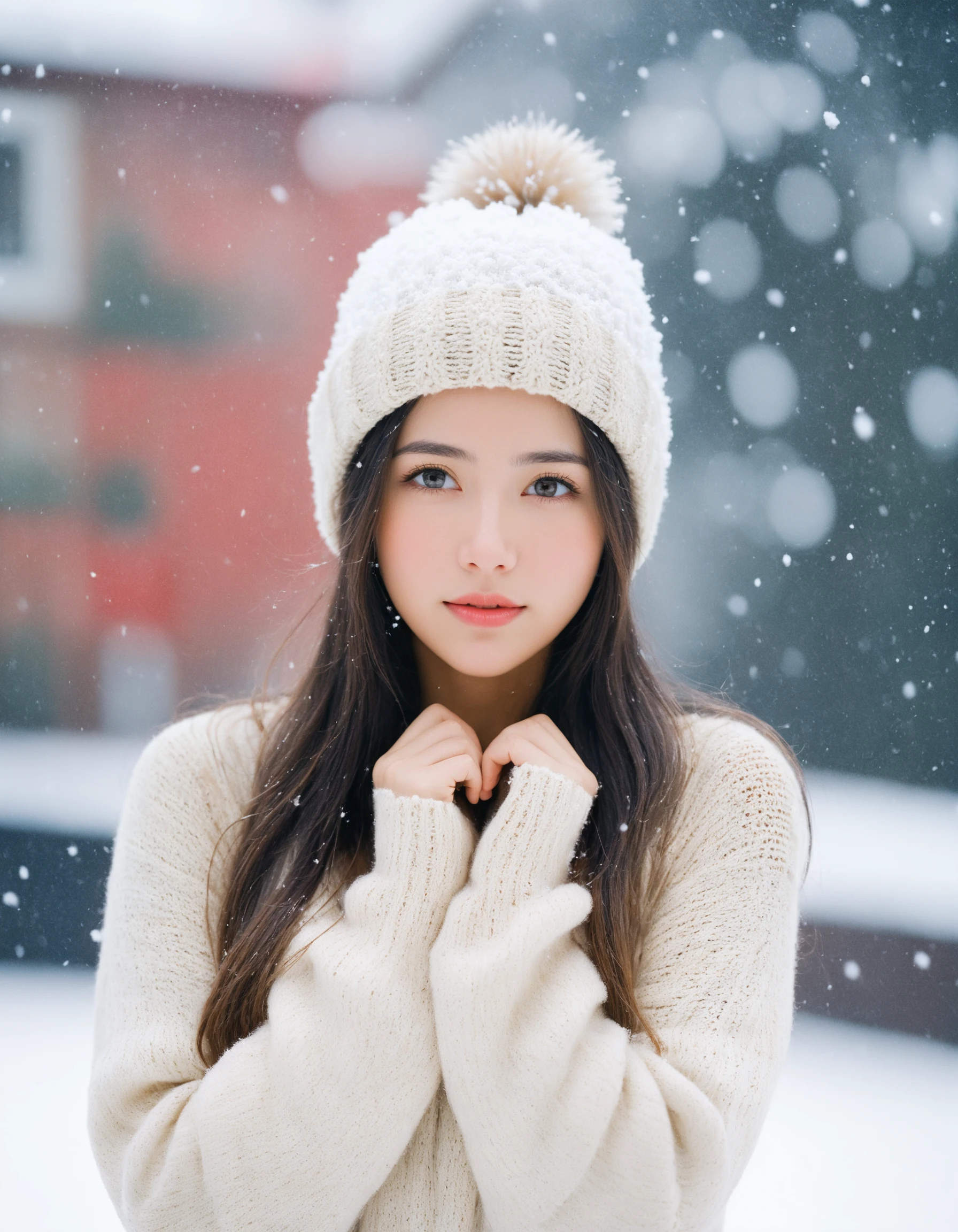 masterpiece, best quality, analogue photo of adult girl in sweater and sweater hat, looking at viewer, long hair,head shot, hold cheeks with hands, close-up, extremely beautiful detailed face, medium breasts, (cute face, temptations look), snowing, snowing background, high key lighting, eye level, Leica M3, Ektar 100, 50mm, (vignette photography), (professional photo, balanced photo, balanced exposure)