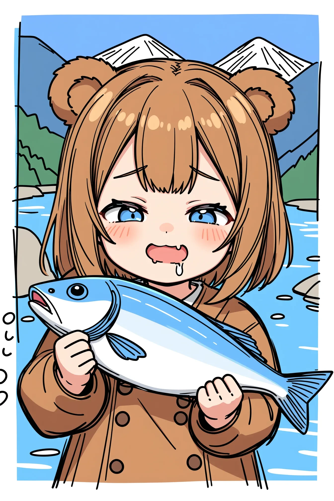 little cute bear girl, holding fish, smug face, drooling, close-up, mountain, river, sketch