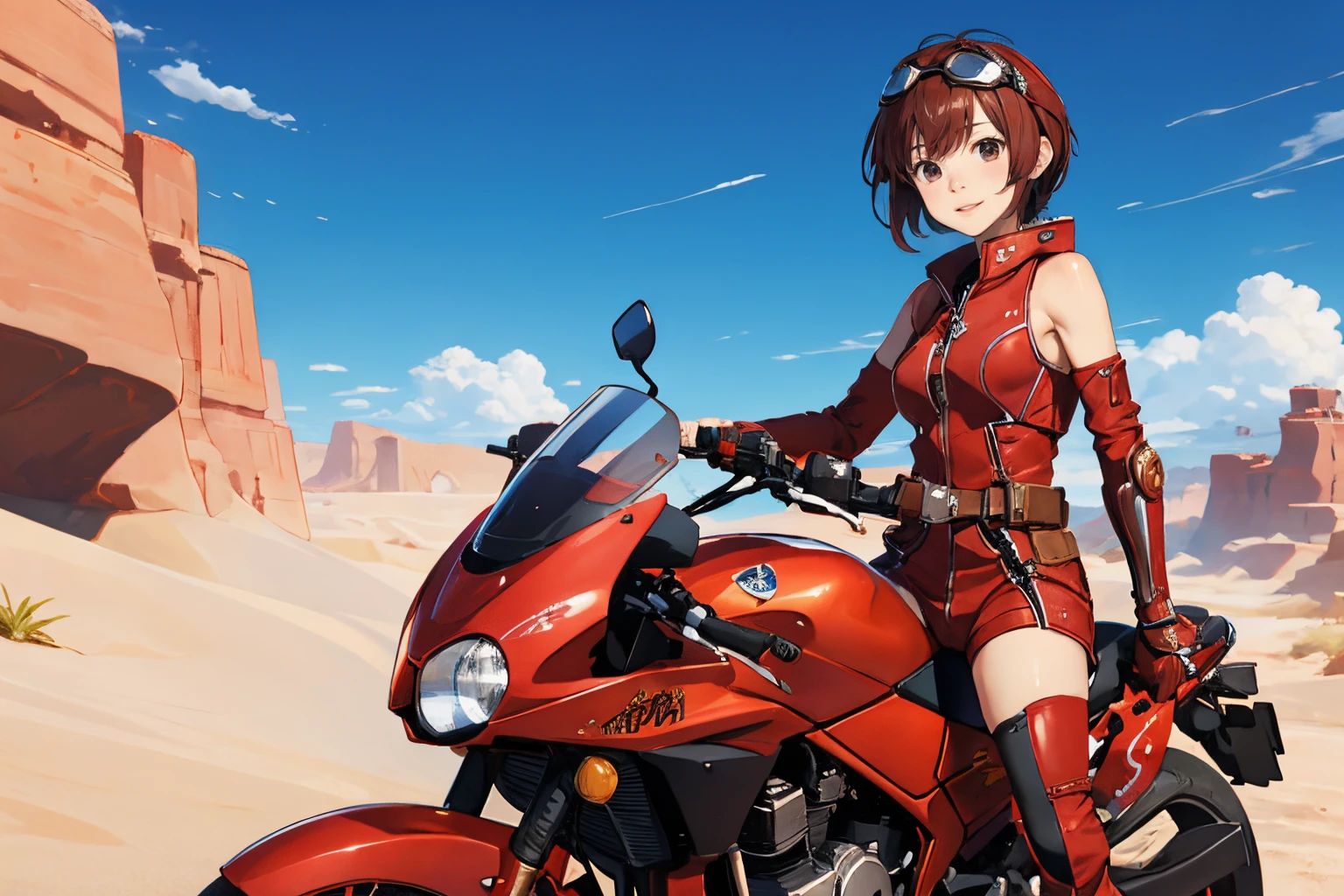 fantasy,,1girl  riding a motobikeï¼blue sky, solo,short hair, brown hair, red dress,, detached sleeves, gauntlets, goggles on head,jacket,pilot suit, 
yukiuchidalora<lora:yukiuchidalora:1>