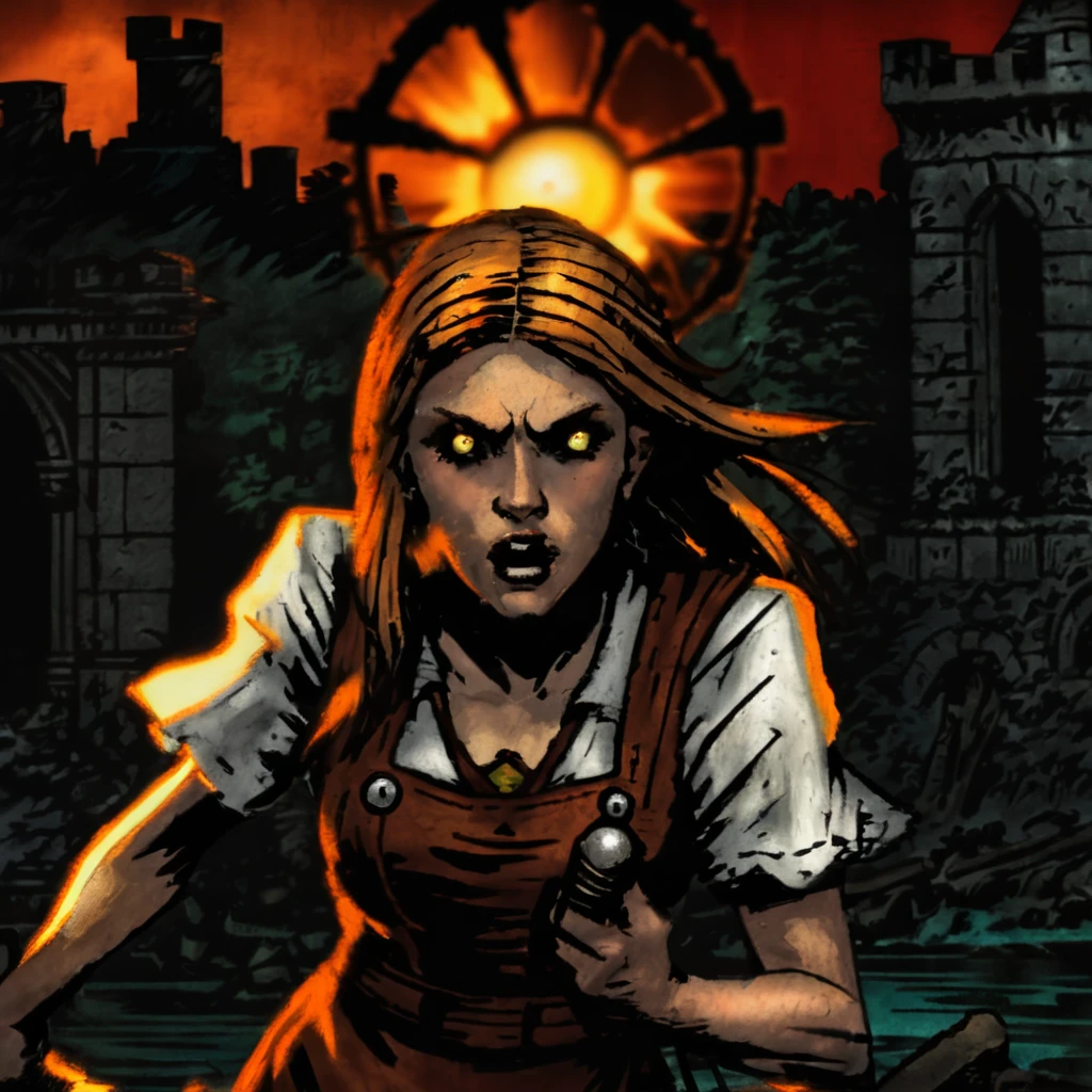 DarkestDungeon, intricate portrait, gorgeous landscape, extremely detailed impressionistic painting, 19th century painting by John Longstaff, ((DDHeroGraveRobber, DDHeroVestal, DDAreaWarrens, DDHeroAfflicted, red rimlight, red highlight, red background, red glow)), beautiful girl, medium wavy blonde hair, long strand of hair between eyes, distant gaze, quizzical expression, blue eyes, closeup of face and upper body, 3/4 body shot, epic pose, battle stance, fantasy book cover art, holding metal pole in both hands, wearing white strapless dress, wearing leather apron, dirty, filthy, stained apron, orange-red sky visible outside barred windows, stone wall, prison, sewer, sewer grate