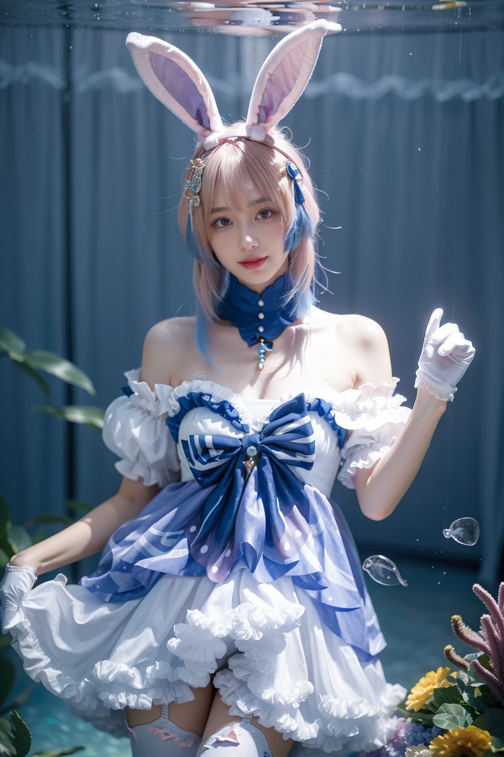 best quality, masterpiece, realistic, photorealistic, 1girl, solo, looking at viewer, smile, standing, cowboy shot, sangonomiya kokomi cosplay costume, sangonomiya kokomi, genshin impact, cosplay, alternate costume, pink hair, gradient hair, multicolored hair, long hair, dress, off-shoulder dress, frilled dress, frills, bow, detached collar, detached sleeves, dress bow, bare shoulders, fake animal ears, animal ears, rabbit ears, hair ornament, gloves, white gloves, thighhighs, seafloor, underwater city, underwater, <lora:Genshin_Kokomi_Rabbit_cosplay_v1:0.7>