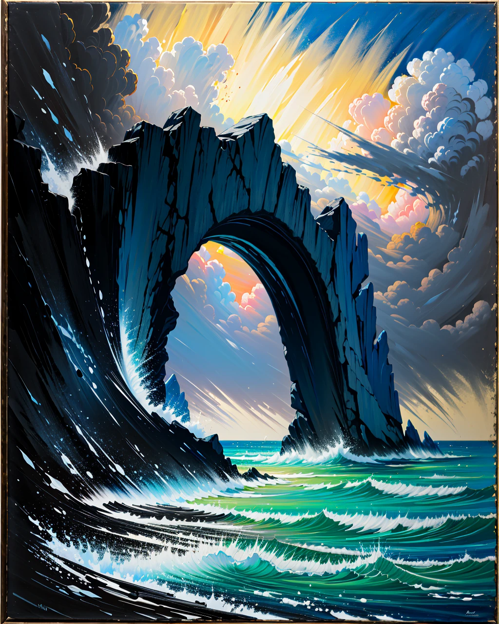 best quality,masterpiece,highly detailed,ultra-detailed, 
 <lora:neg9V2_last:0.5> 
 <lora:brushstroke_last:1.16>
oil painting \(medium\),realistic,, scenery,A rugged sea arch on a stormy coast, brooding blues and slate grays clashing with roiling white foam