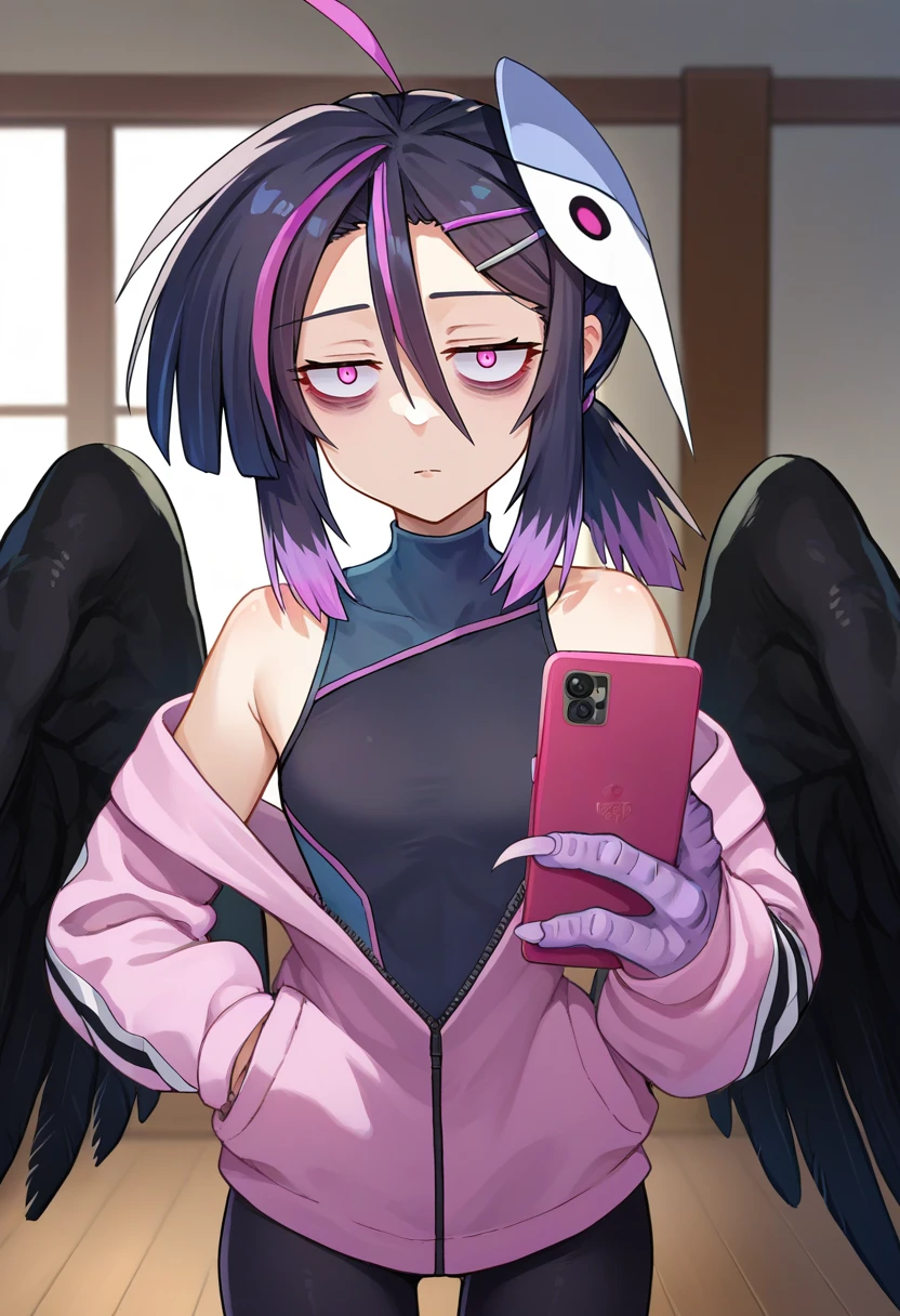 score_9, score_8_up, score_7_up, source_anime, solo, 1girl, omava, monster girl, harpy, black wings, feathered wings, winged arms, expressionless, looking at viewer, holding phone, ahoge, hairclip, mask on head, bags under eyes, pink jacket, jacket partially removed, partially unzipped, black tank top, turtleneck, yoga pants, bare shoulders, indoors <lora:orcmassage_ava_ponyXL:1>