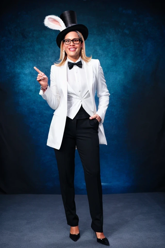 kyrsten sinema <lora:politician_005_kyrsten_sinema:0.65> face closeup, face focus, shirt, formal, suit, collared shirt, white shirt, jacket,
Dressed in a magician's outfit with a top hat, standing in front of a stage, rabbit out of a hat,
best quality, masterpiece, HDR, professional, studio quality, highres,