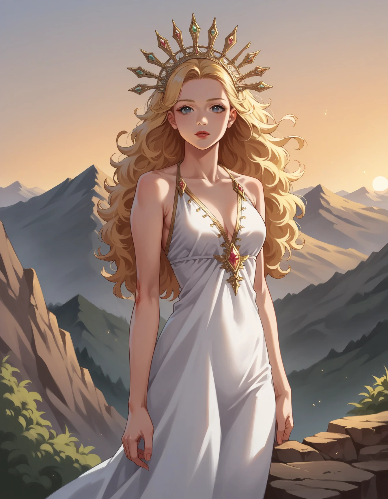 score_9, score_8_up, score_7_up, score_6_up, best quality, anime, 1girl, pale skin, long blonde hair, bangs, portrait, lipstick, hud_gdss_sn, white dress, gold trim, curly hair, looking at viewer, gold jewel headdress, <lora:sun_goddess-000008:0.6>, mountains, sunrise, standing on cliff, bare feet,