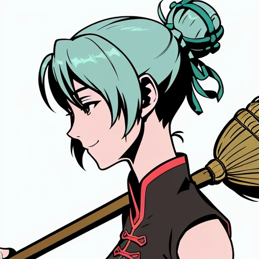 BACKGROUND is Off White A,CLOTHING is Black Qipao,EYES is Calm,HAIR is Teal Bun,MOUTH is Smile,OFFHAND is Floorsweeper,TYPE is Human,