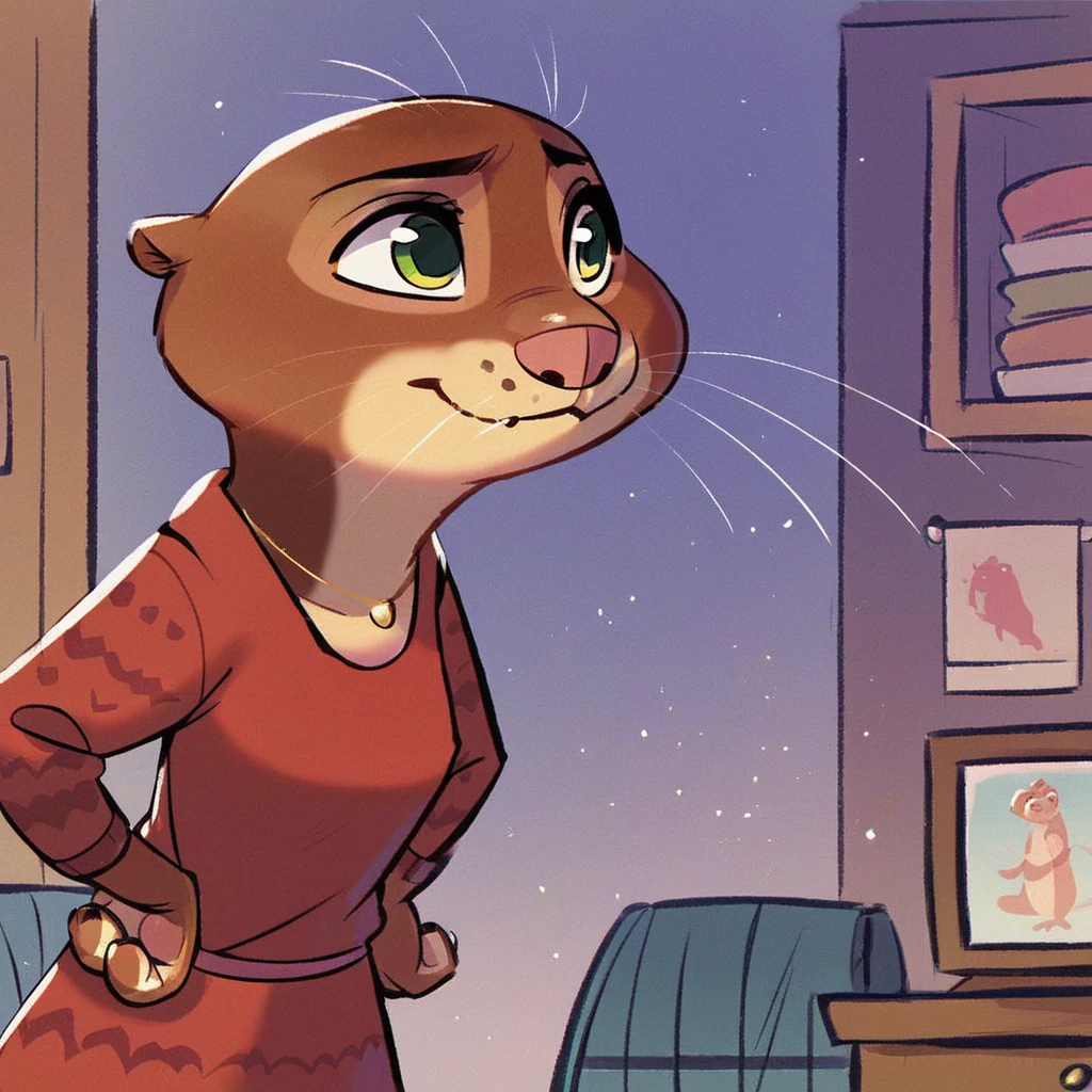 score_9, score_8_up, score_7_up, score_6_up, score_5_up, score_4_up, (Source zootopia), (rating safe), <lora:Mrsottertonpny:1>, 1girl, solo, wearing red dress, mrs. otterton, otter, tail, brown fur, green eyes, fang, animal ears, hands on hips, indoors,